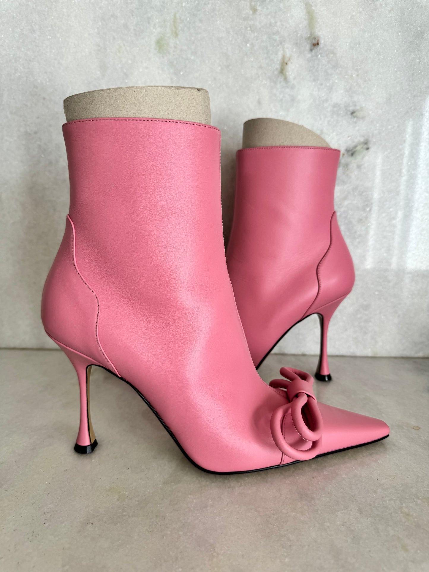 Mach & Mach Double Bow Pink Leather Pointed Toe Boots Booties