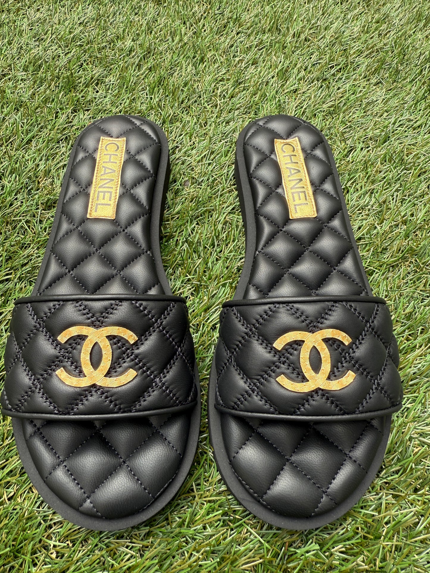 Chanel SS25 Black Leather Quilted CC Gold Tone Logo Sandals Slides Mules