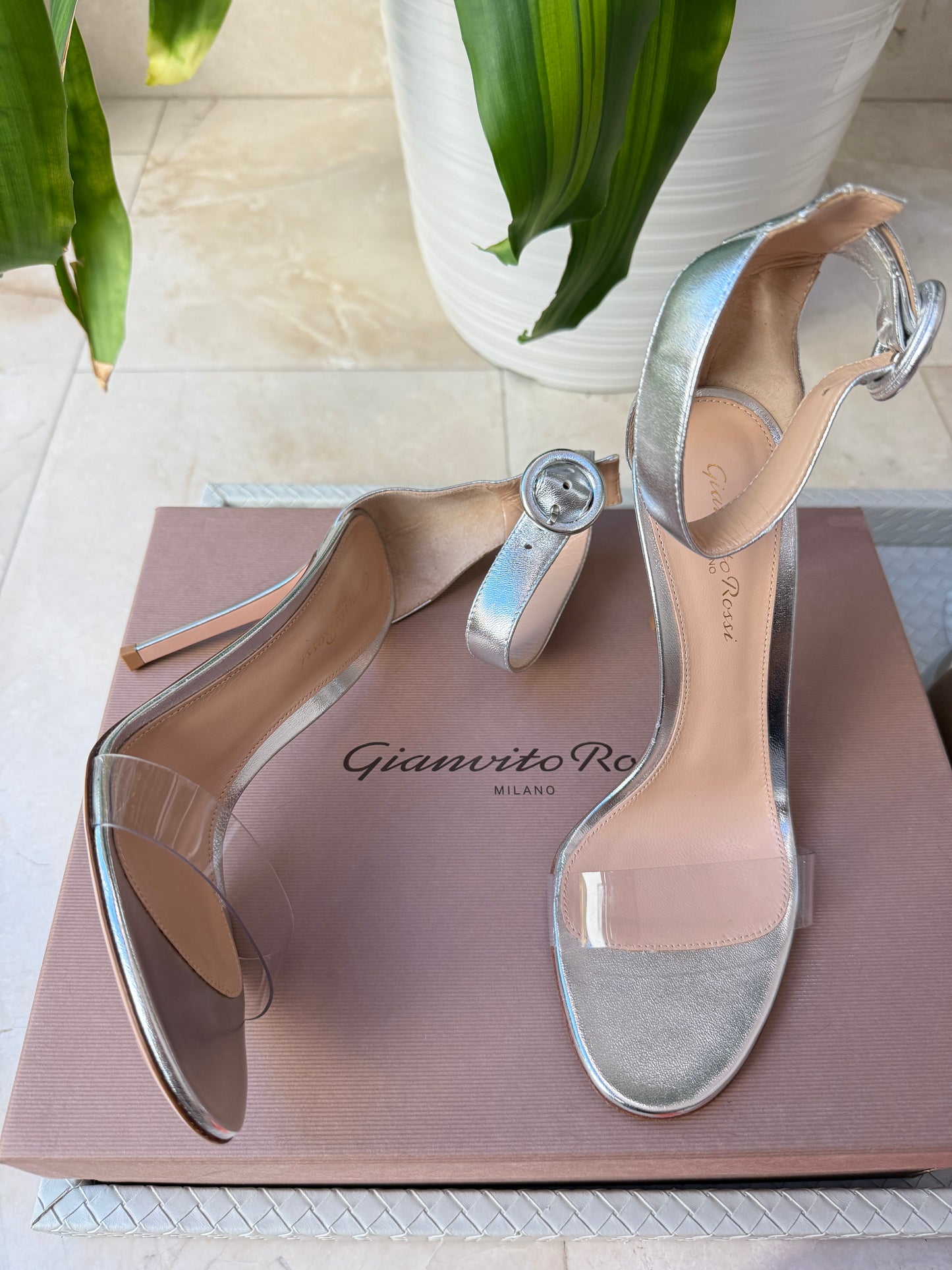 Gianvito Rossi Portofino 105 Silver Metallic Leather Ankle Strap PVC Sandals Pumps Heels