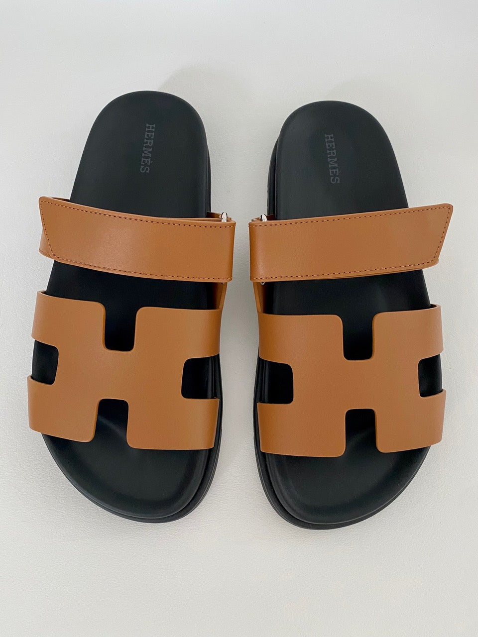 HERMES H CHYPRE BROWN CALFSKIN LEATHER SANDALS SHOES FLAT SLIDES