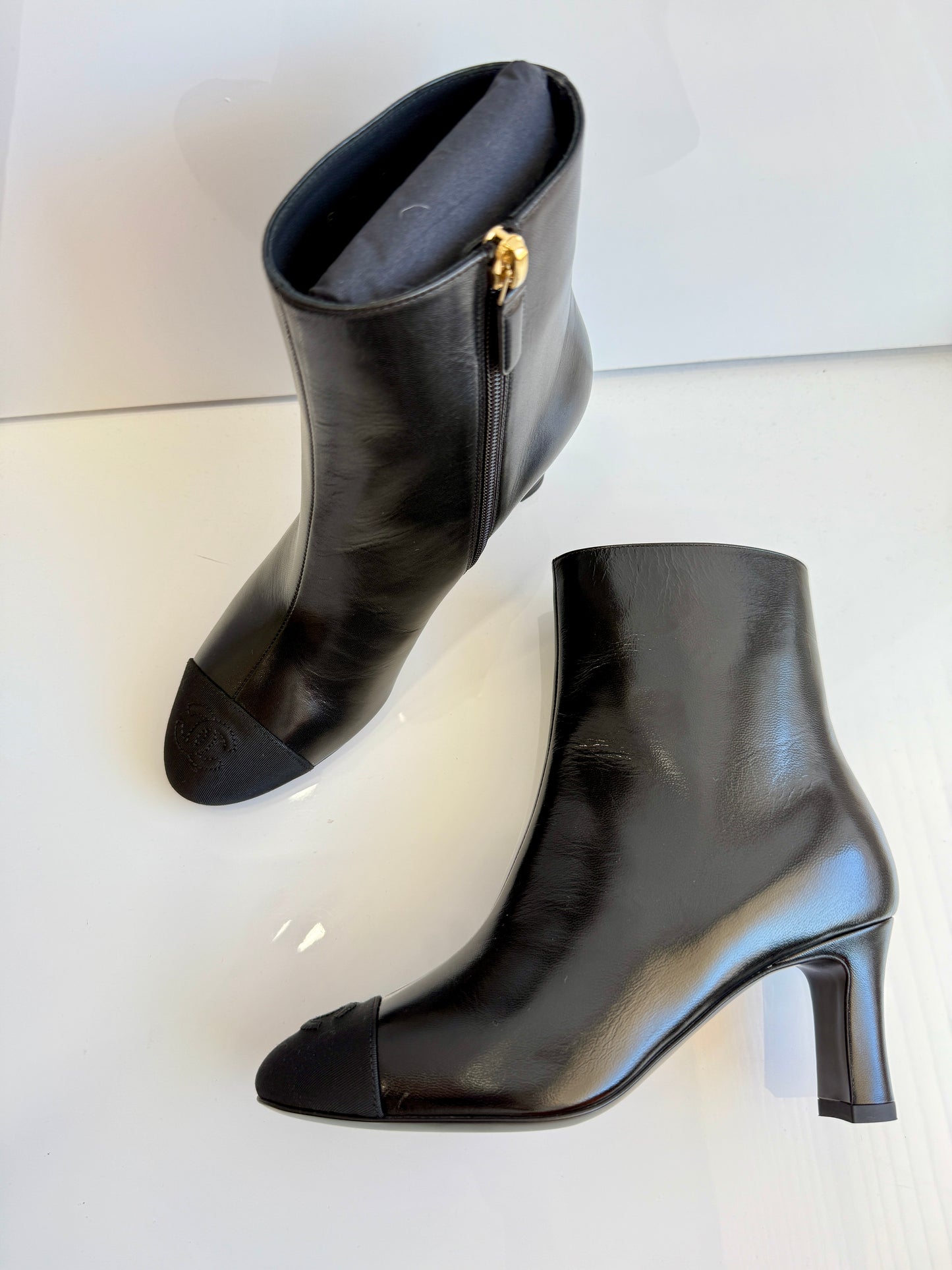 Chanel Black Lambskin Leather CC Logo Cap Toe Booties Ankle Boots Low Heel