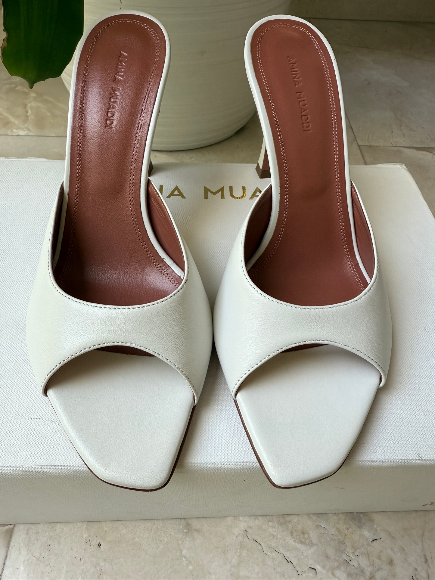 Amina Muaddi Alexa Slipper Peep Toe Slide White Leather Shoes Heels 90mm