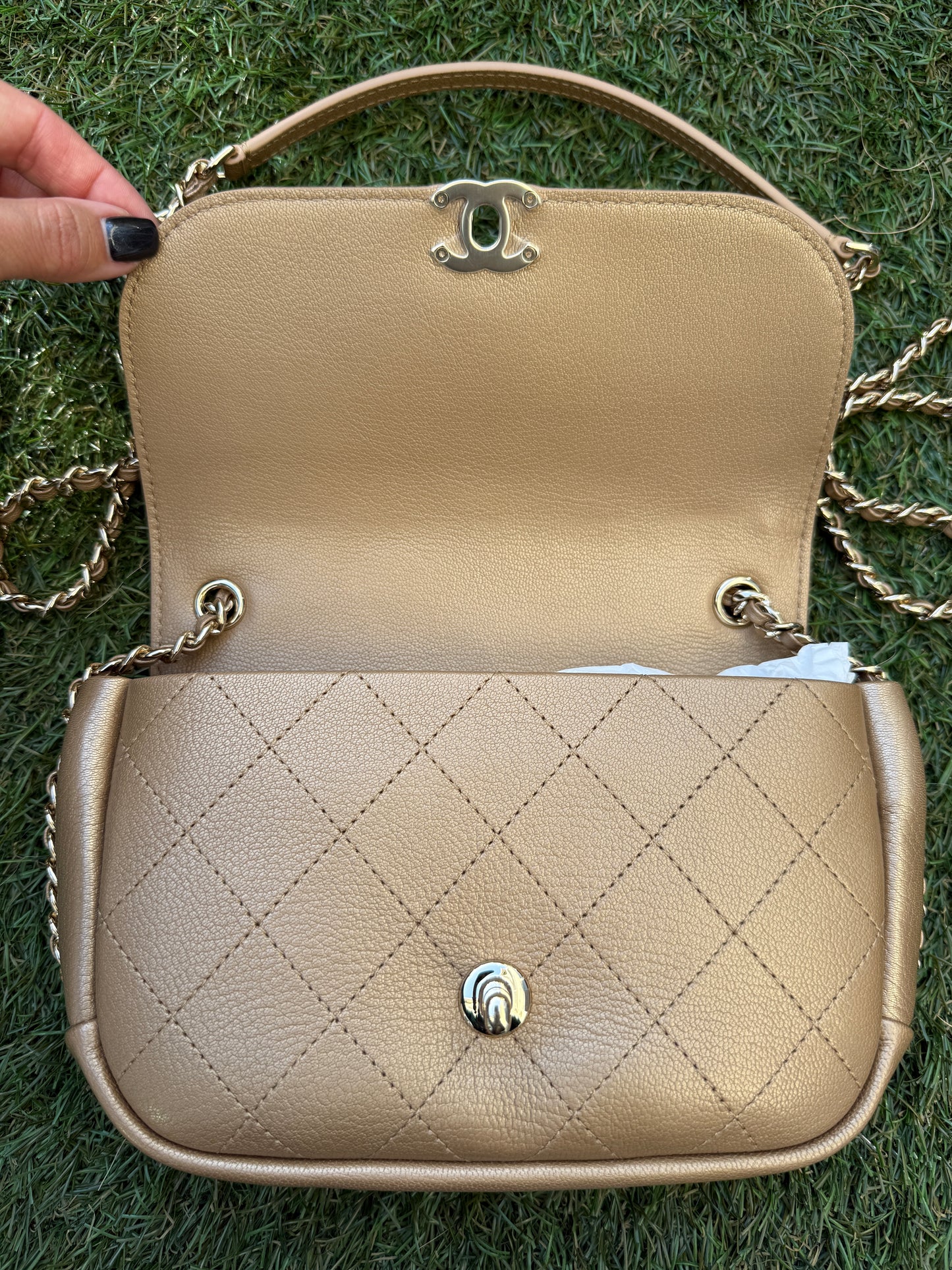 CHANEL GOLD IRIDESCENT GOATSKIN LEATHER CROSSBODY MESSENGER MINI FLAP BAG GHW
