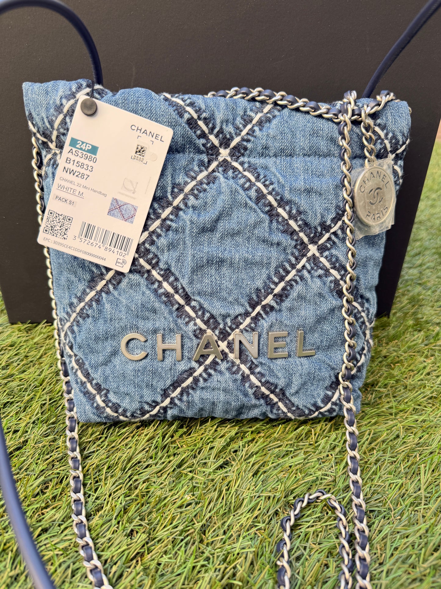 Chanel 22 Mini Denim Blue Quilted Jean Stitched Crossbody Hobo Bag Handbag 24P