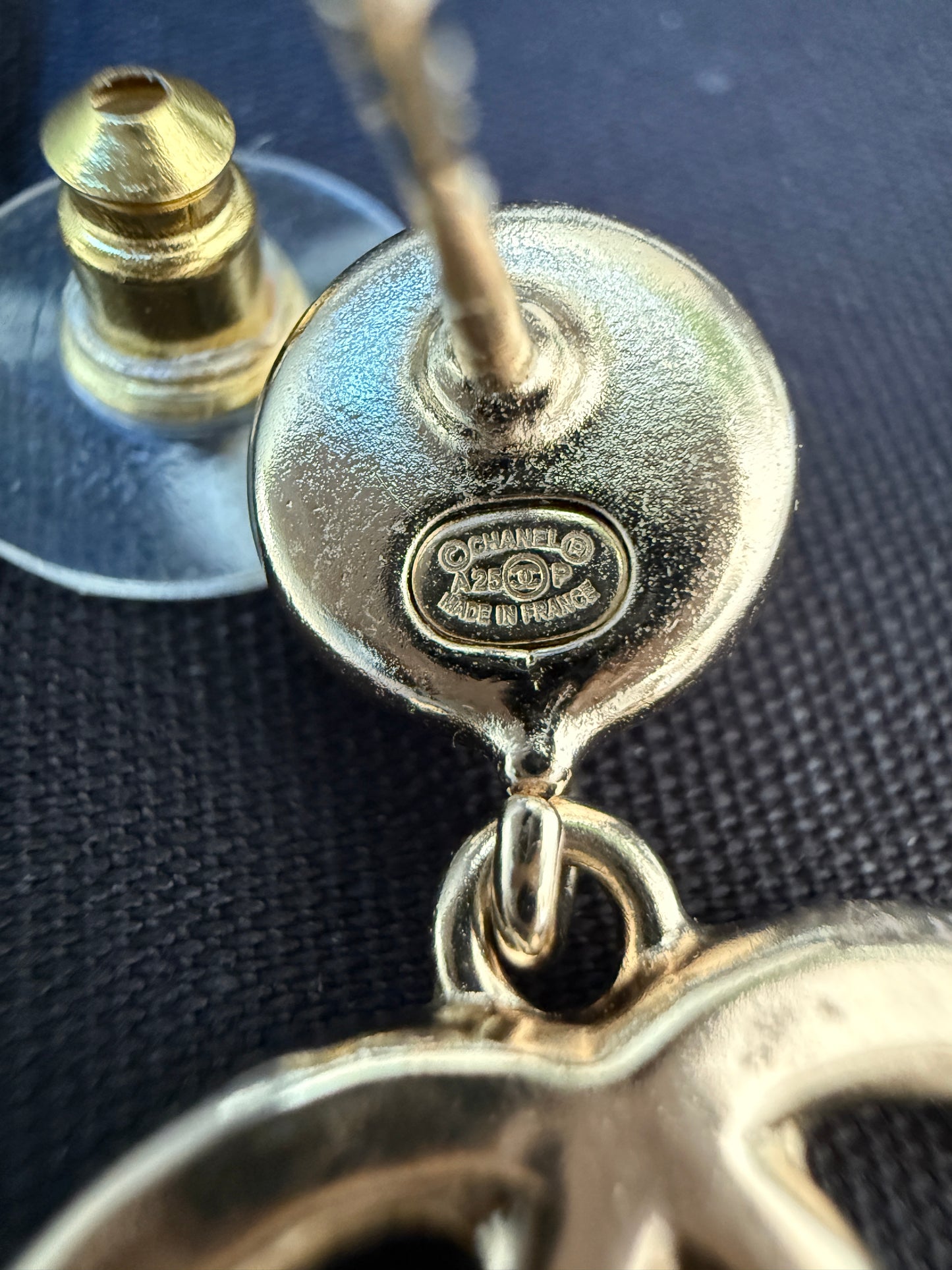 Chanel 25P CC Logo Pink Metal Resin Gold Tone Stud Pearl Pendant Earrings Small