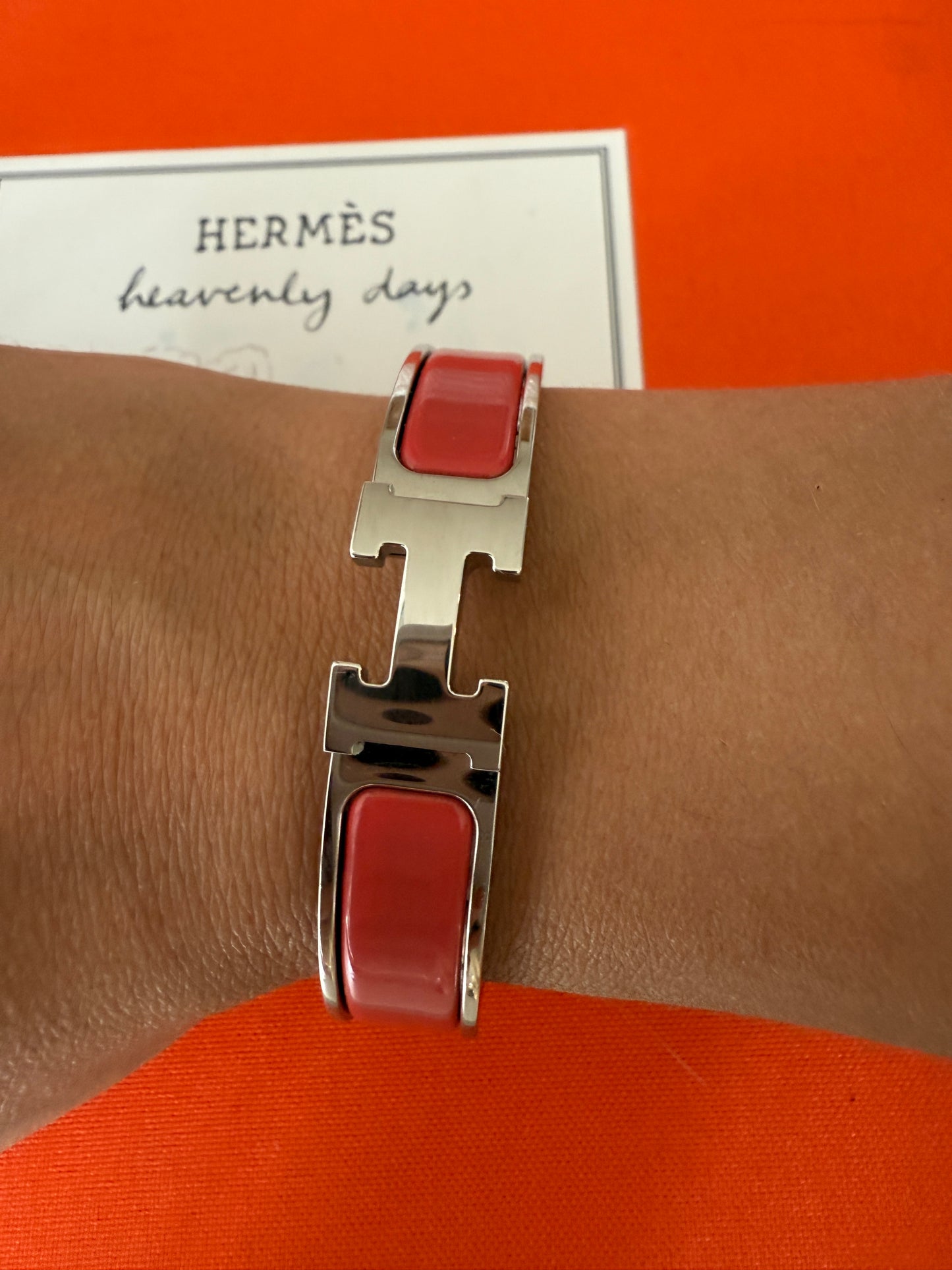 Hermes Clic H Clac Rouge Corail Coral Enamel Palladium Plated Bracelet PM New
