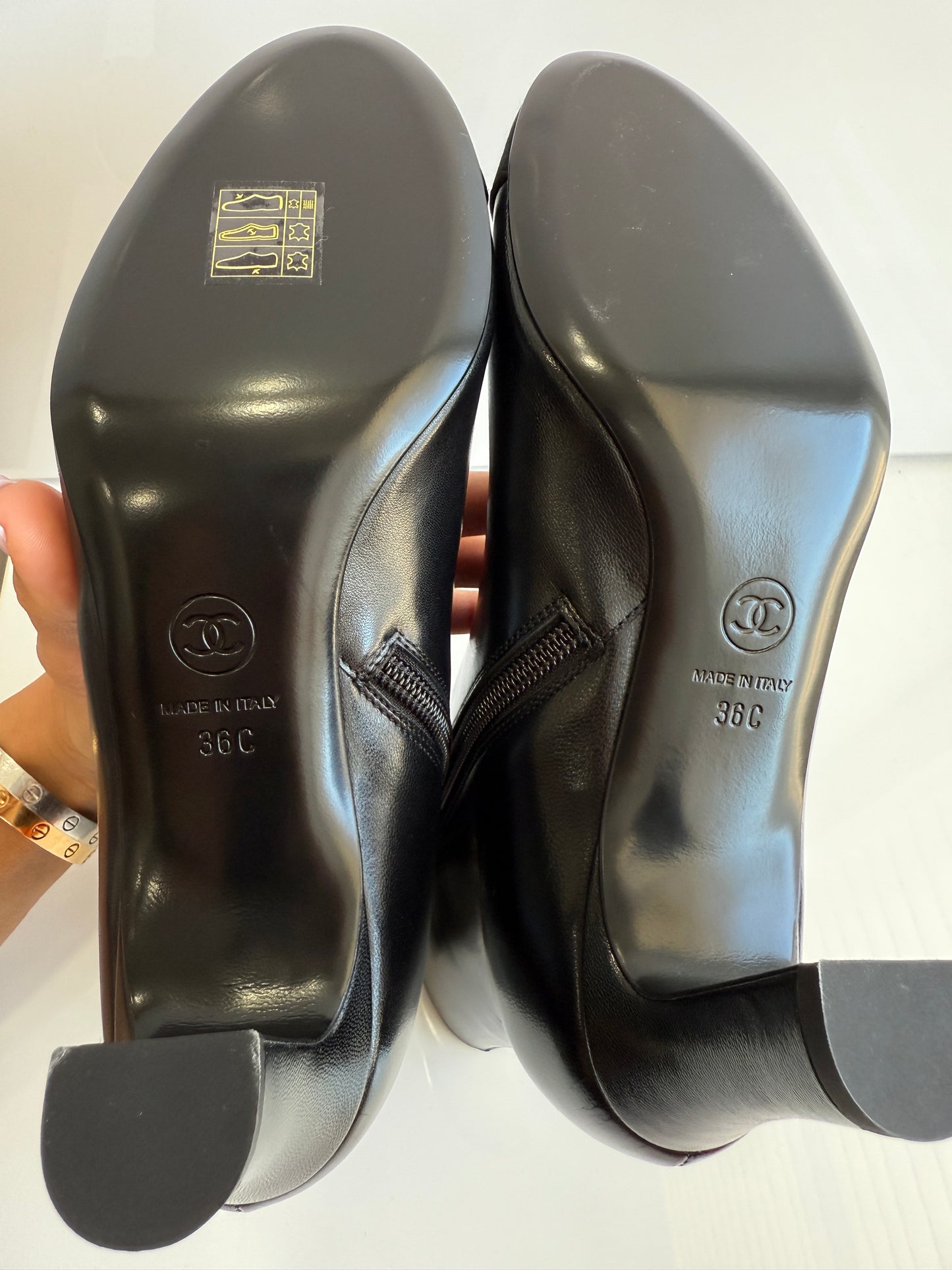 Chanel Black Lambskin Leather CC Logo Cap Toe Booties Ankle Boots Low Heel