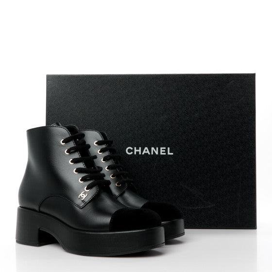 Chanel Calfskin Velvet CC Cap Toe Black Leather Lace Up Boots Ankle Booties