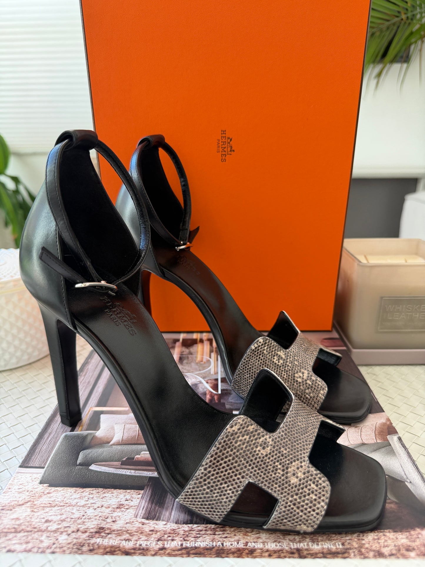 Hermes Joy 105 Ombré Noir Black Natura Lizard Calfskin Leather Ankle Strap Heels