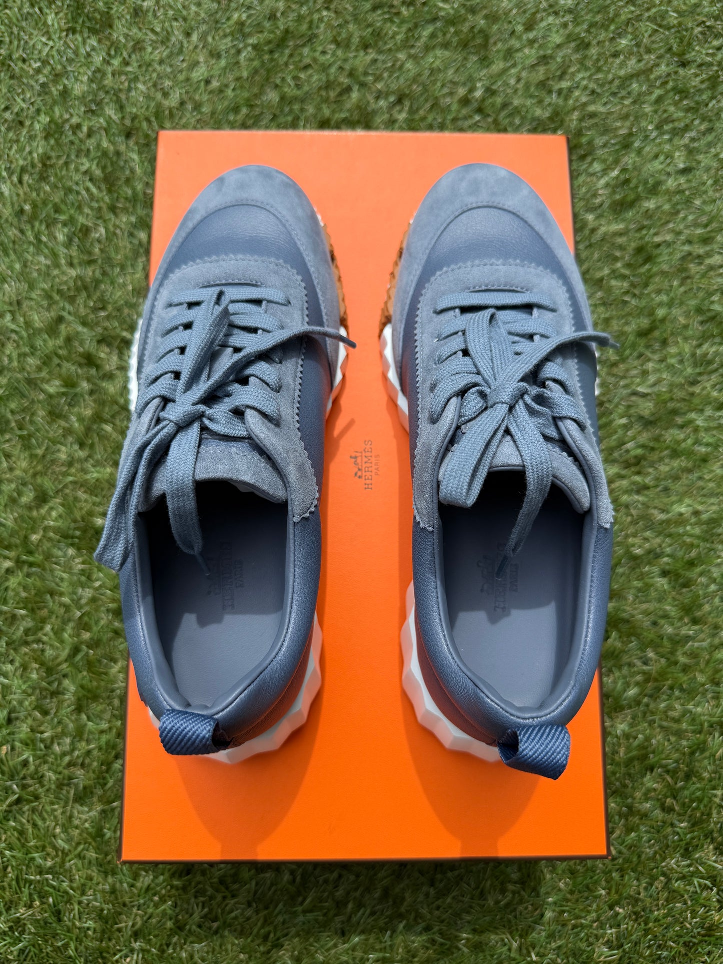 HERMES BOUNCING BLUE MER LEATHER SUEDE WHITE SOLE TRAINERS FASHION SNEAKERS