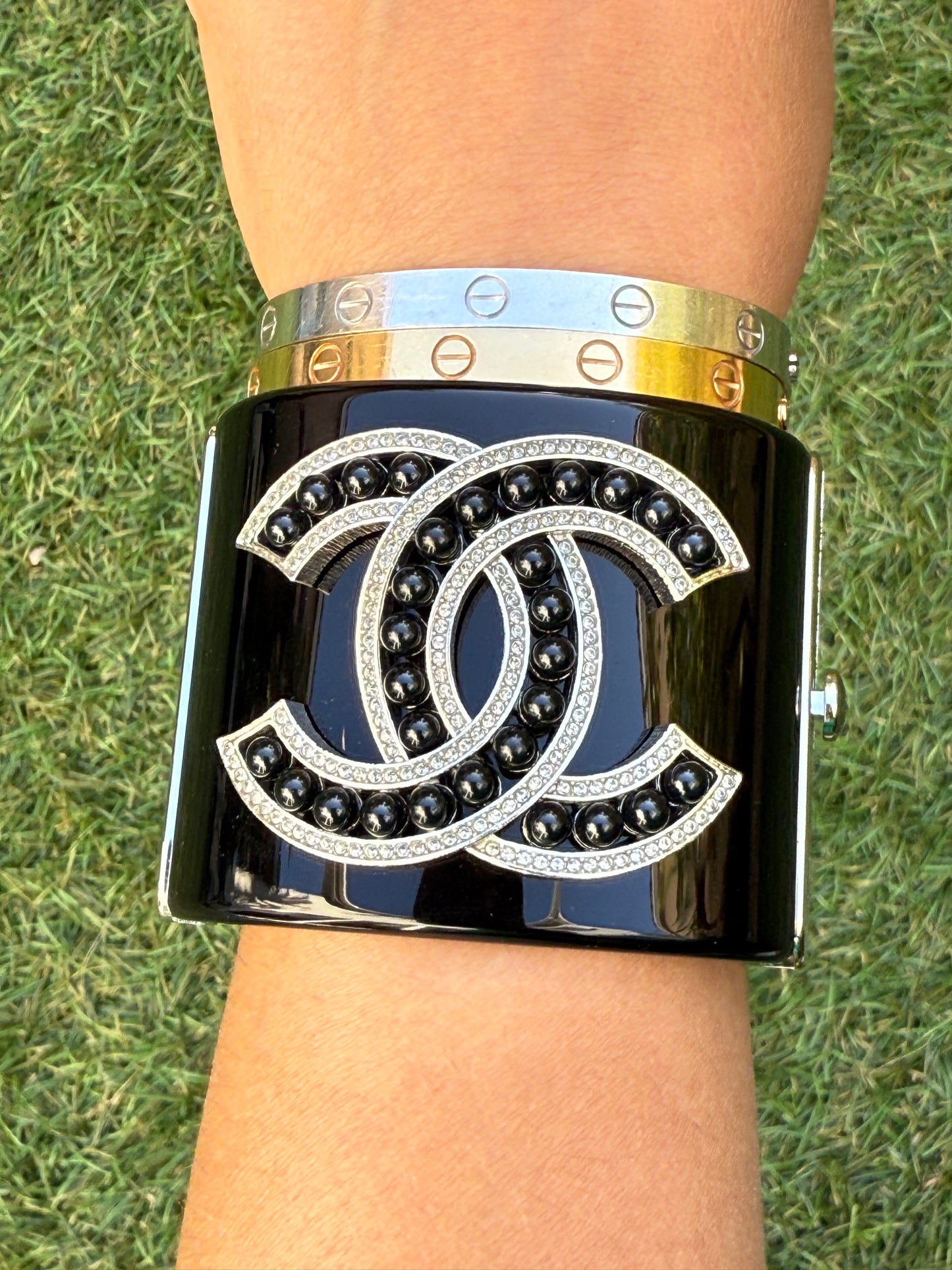 Chanel 18A Black Resin CC Logo Beads Pearls Crystal Cuff Bracelet
