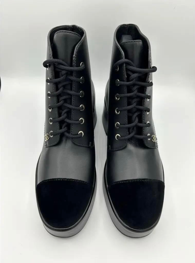Chanel Calfskin Velvet CC Cap Toe Black Leather Lace Up Boots Ankle Booties