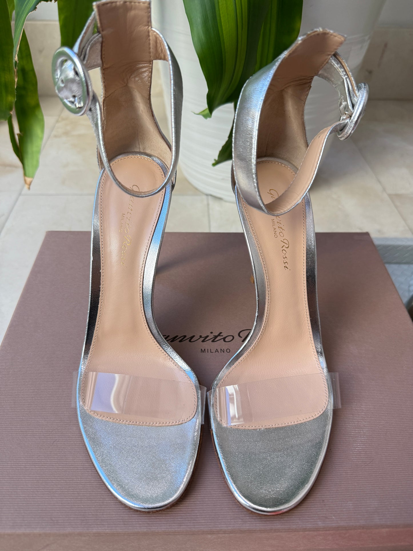 Gianvito Rossi Portofino 105 Silver Metallic Leather Ankle Strap PVC Sandals Pumps Heels