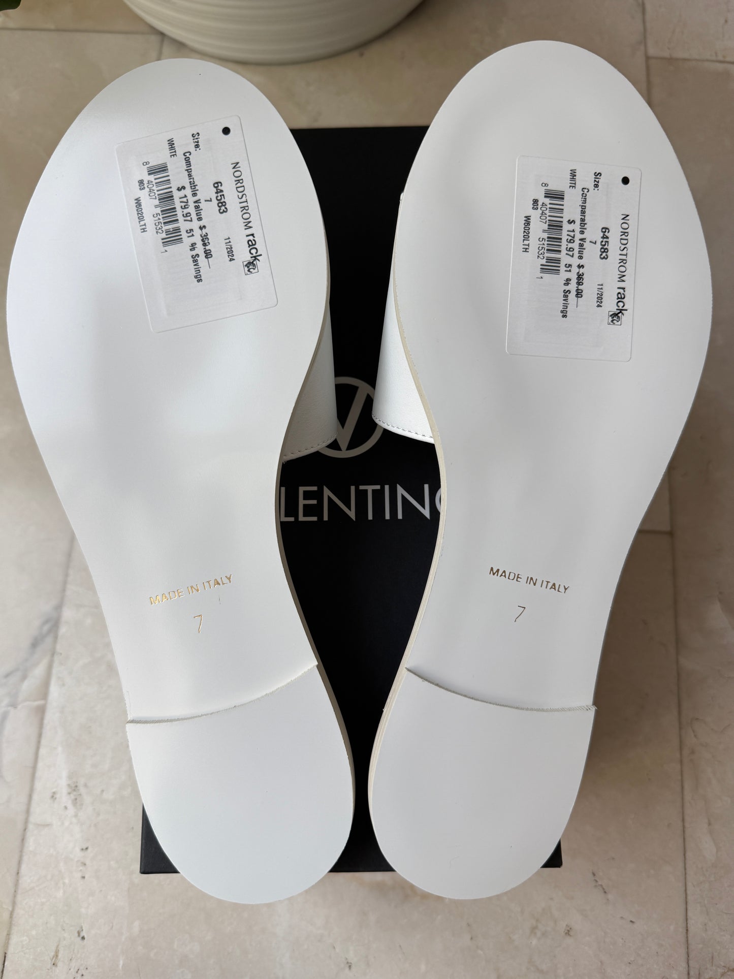 VALENTINO BY MARIO VALENTINO BUGOLA LEATHER LOGO SLIDE SANDAL WHITE SLIDES