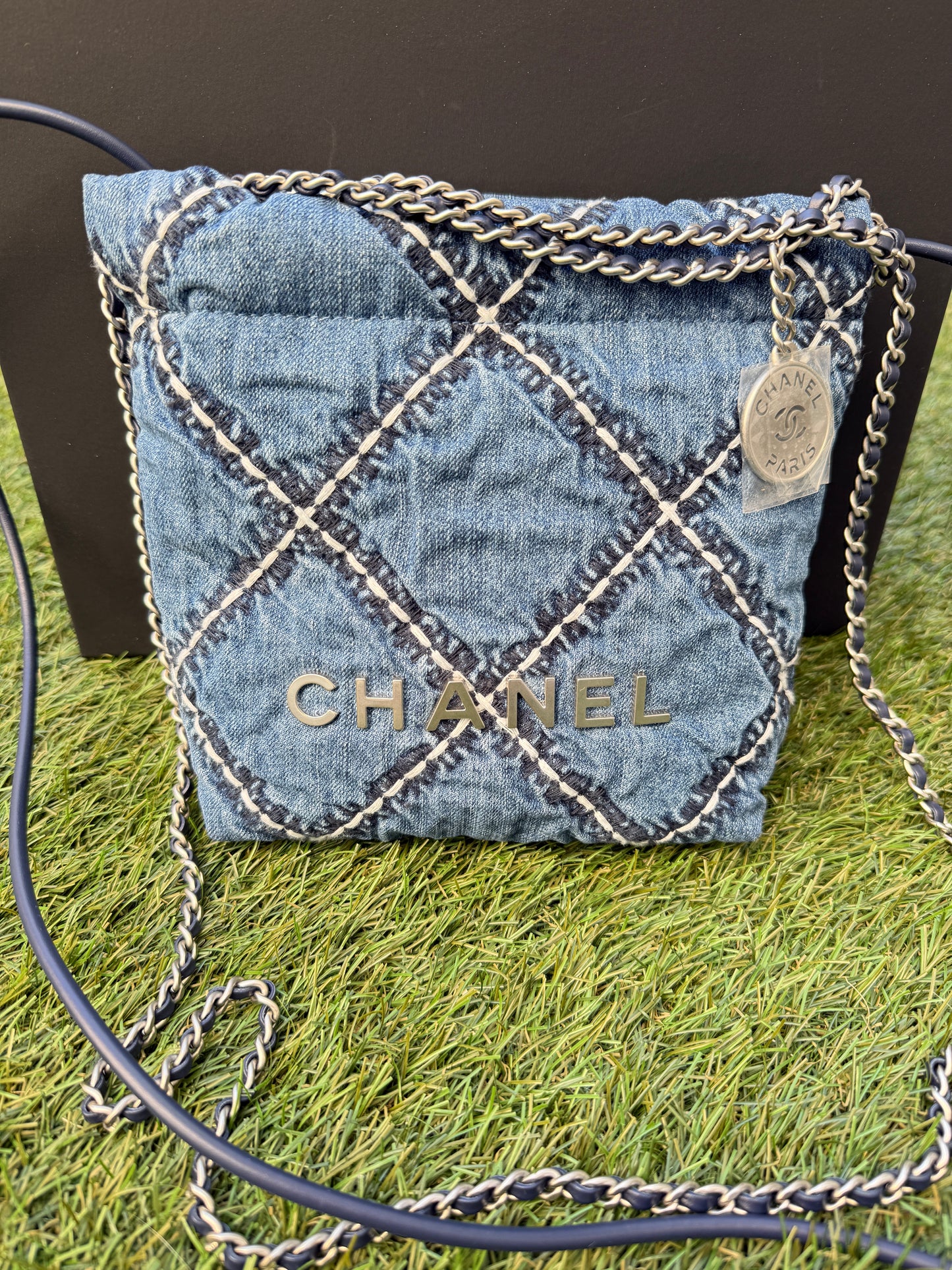 Chanel 22 Mini Denim Blue Quilted Jean Stitched Crossbody Hobo Bag Handbag 24P