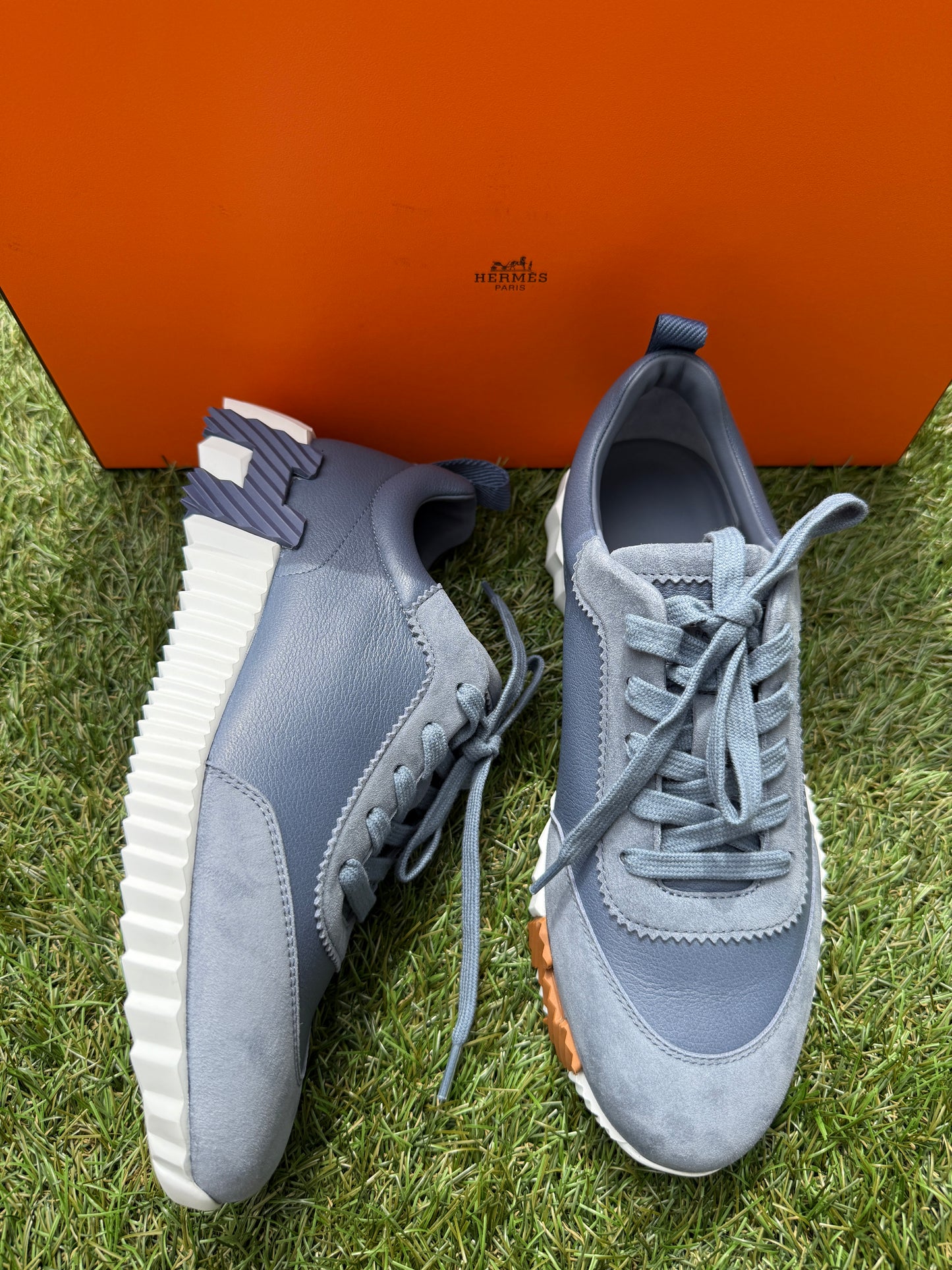 HERMES BOUNCING BLUE MER LEATHER SUEDE WHITE SOLE TRAINERS FASHION SNEAKERS