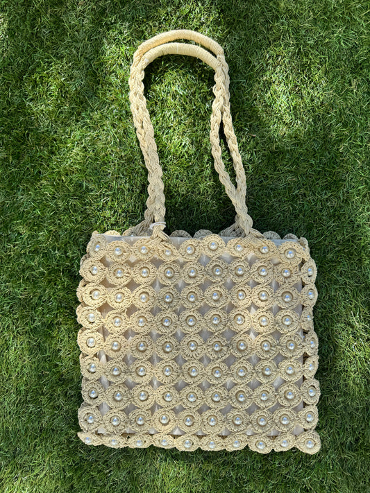 Haute Hippie Style Handwoven Double Handle Straw Raffia Pearl Embellished Tote