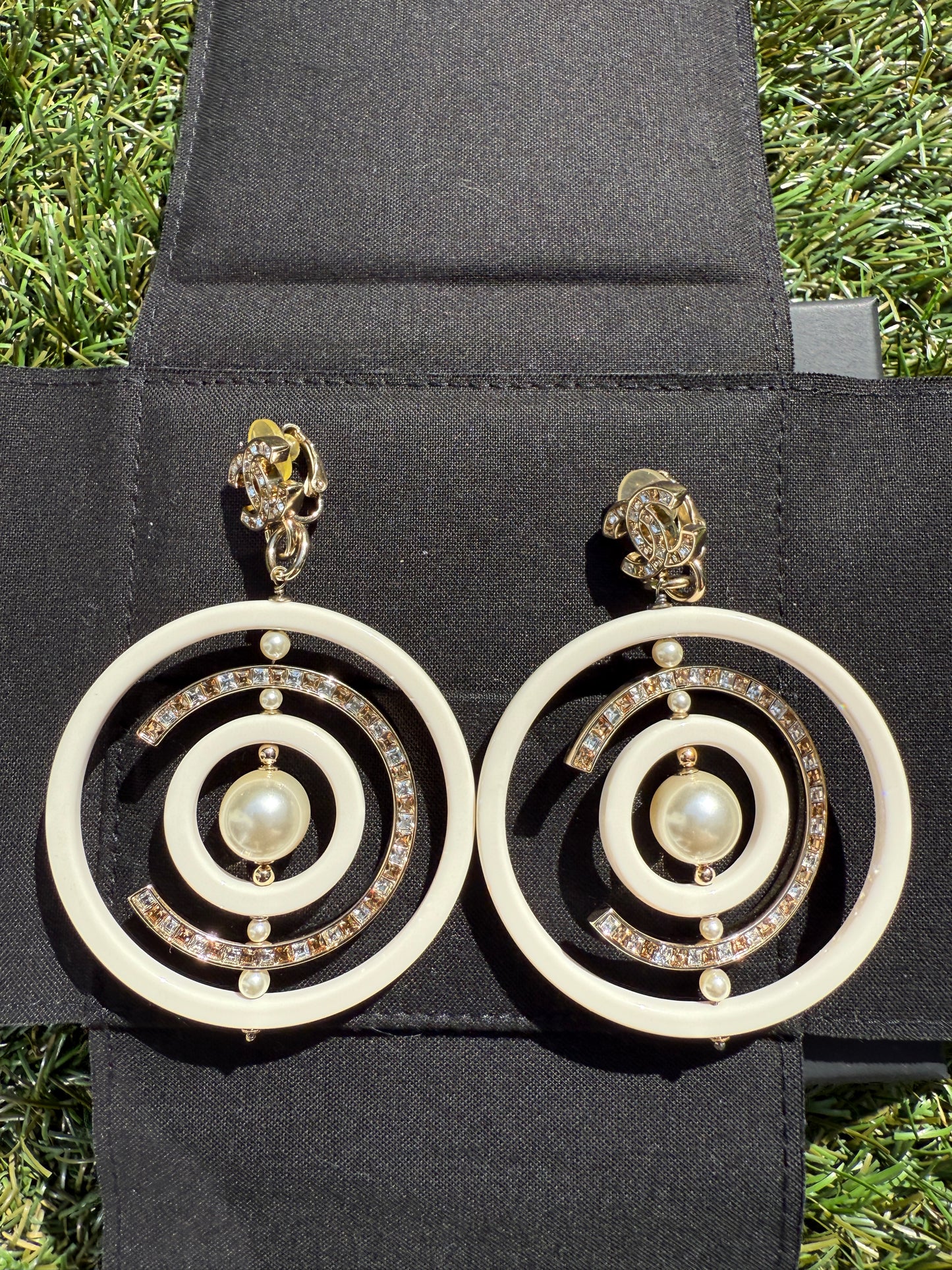 Chanel 18B Ivory White Resin Plastic Disco CC Logo Crystal Gold Tone Pearls Round Clip on Earrings Drop Hoop
