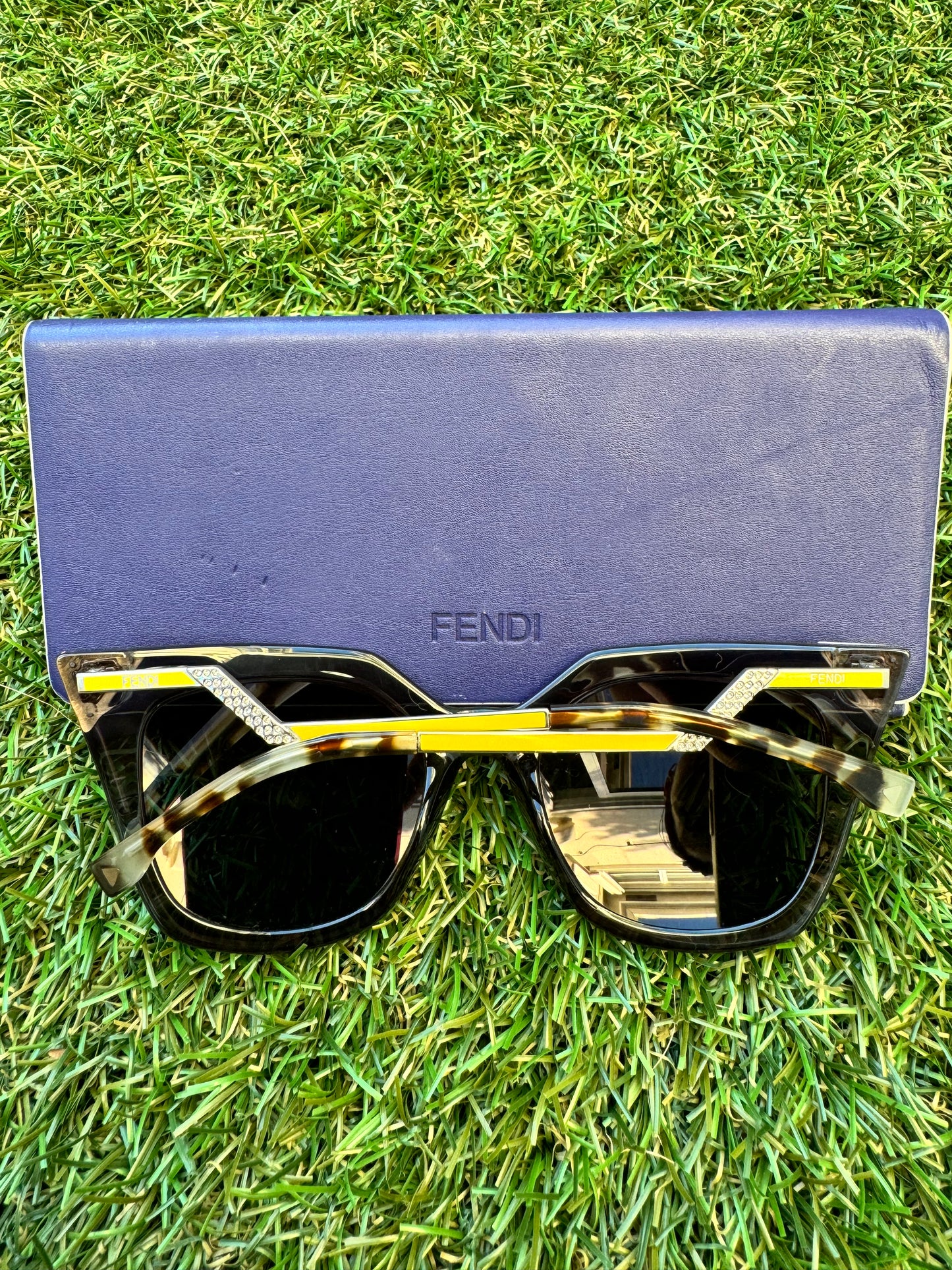 FENDI IRIDIA 52MM FF0060/S MIRRORED CAT EYE BLUE LENS YELLOW METALLIC CRYSTAL SUNGLASSES PRE-OWNED