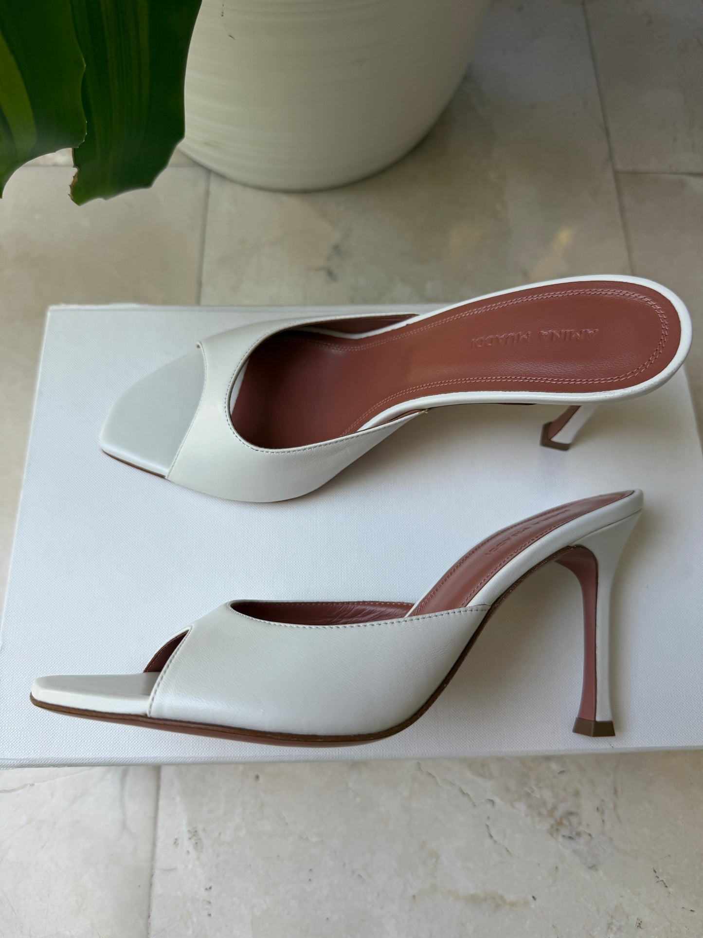 Amina Muaddi Alexa Slipper Peep Toe Slide White Leather Shoes Heels 90mm