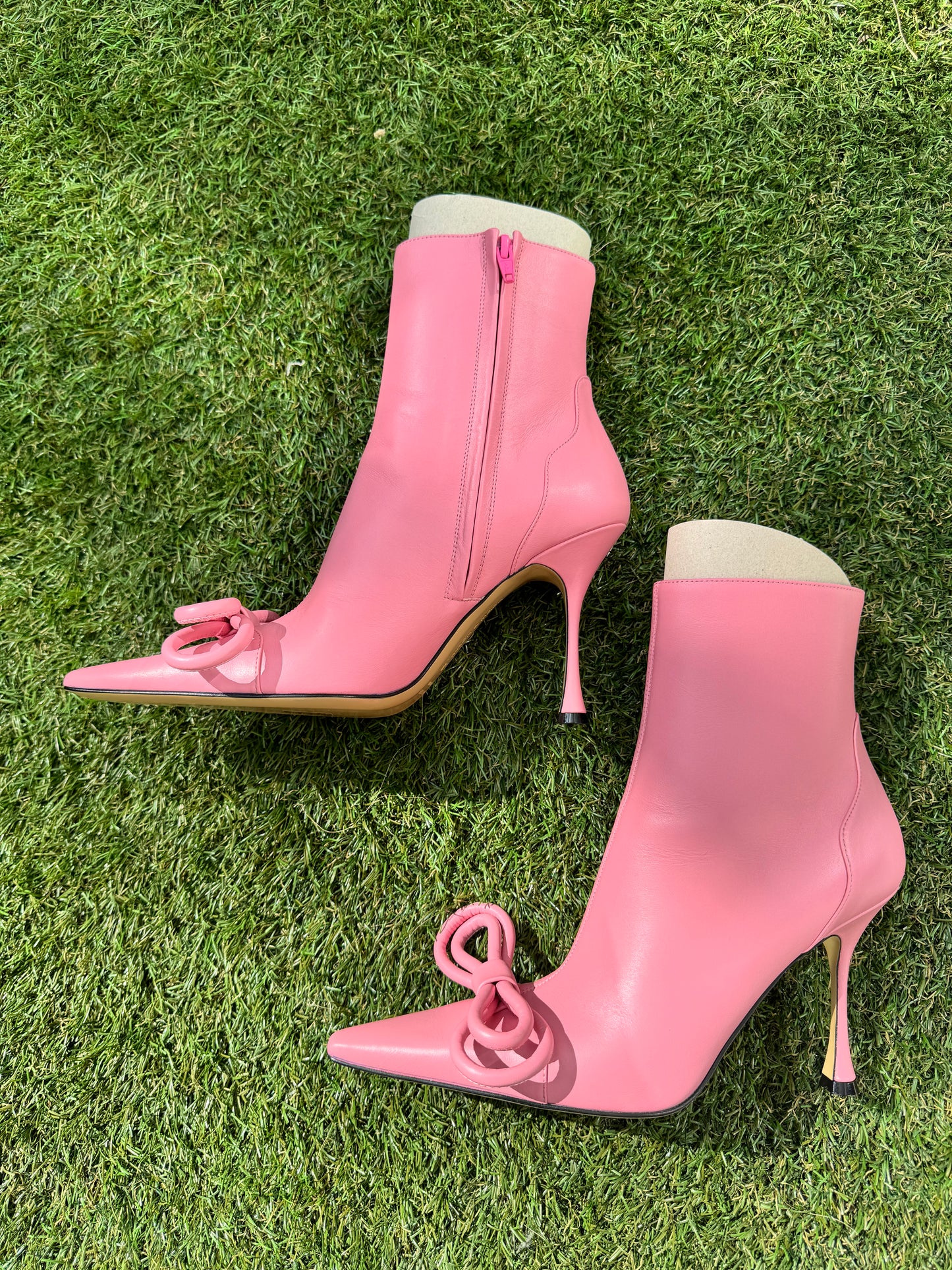 Mach & Mach Double Bow Pink Leather Pointed Toe Boots Booties