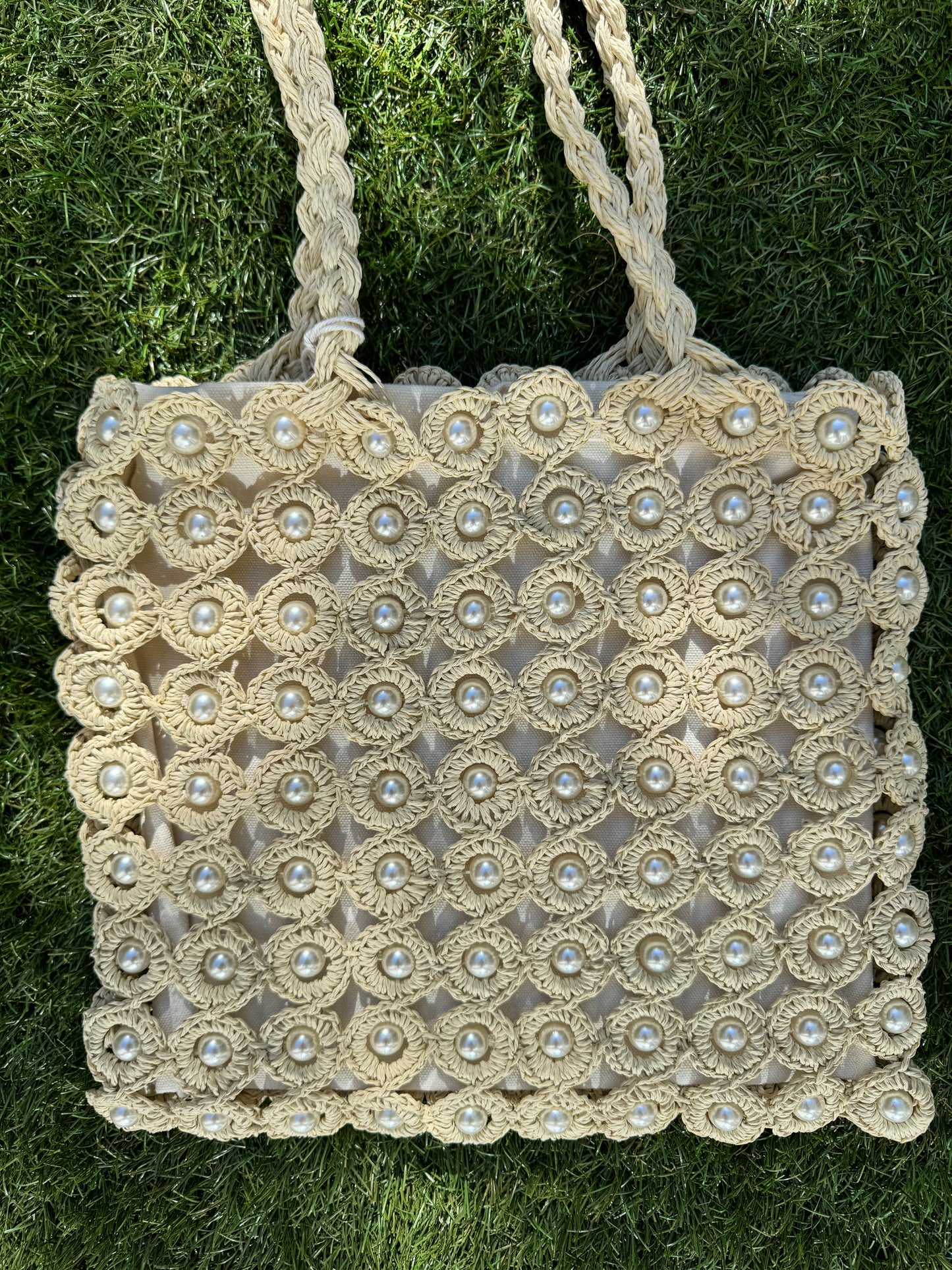 Haute Hippie Style Handwoven Double Handle Straw Raffia Pearl Embellished Tote