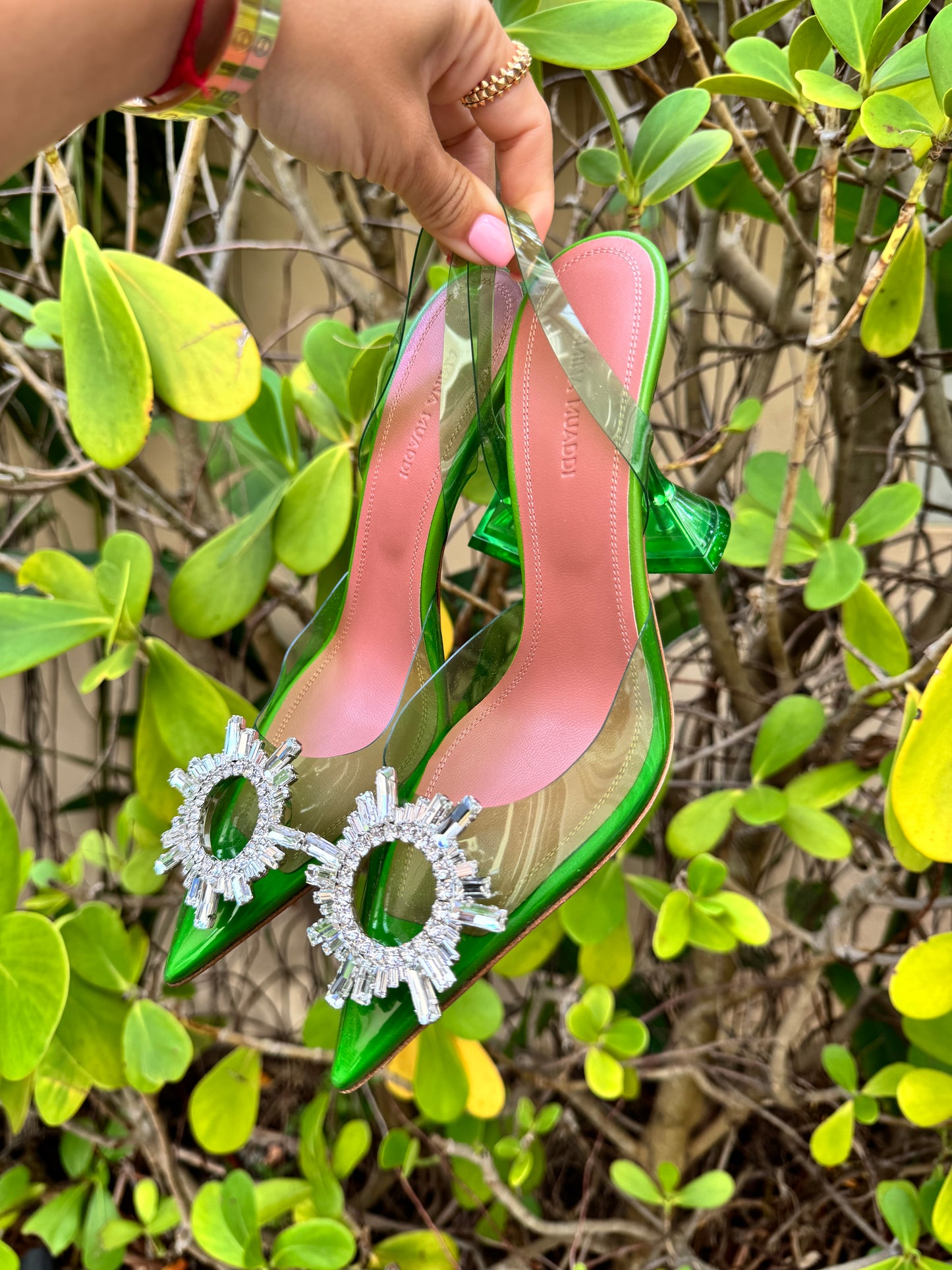 Amina Muaddi Begum Glass Jungle Green PVC Buckle Crystal Embellished Pumps Slingback Heel