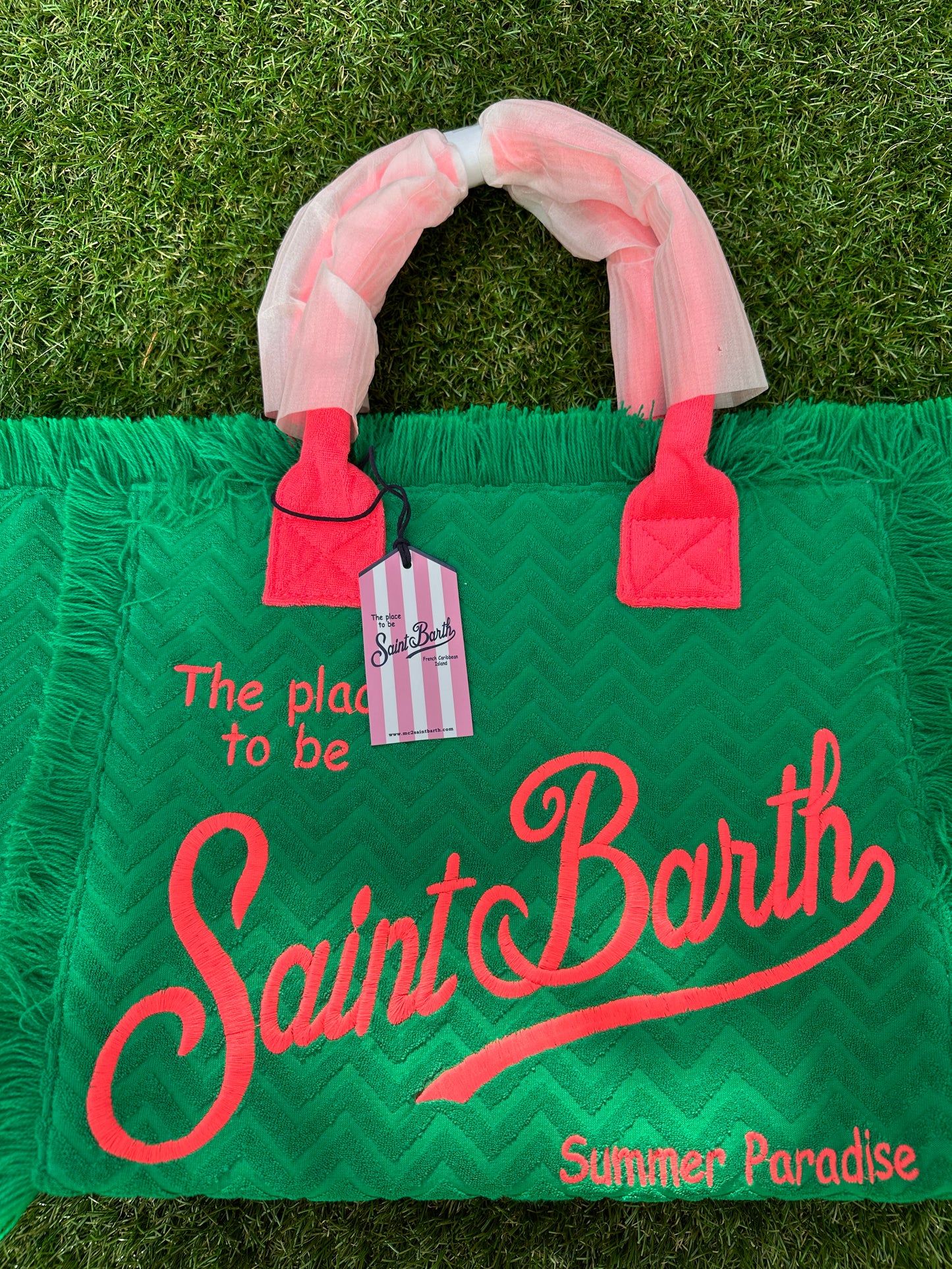 MC2 Saint Barth Vanity Terry Embossed Green Fuchsia Pink Beach Tote Bag