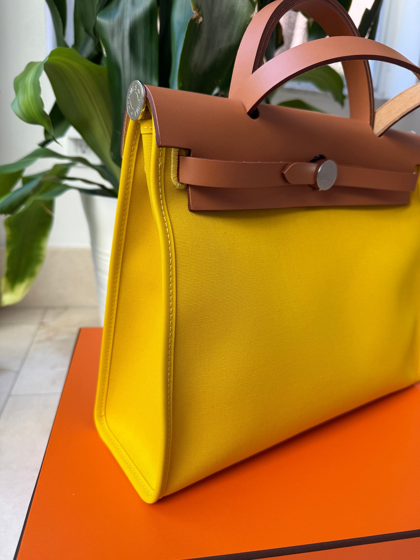 Hermès HERBAG 31 YELLOW JAUNE DE NAPLES CANVAS NATUREL LEATHER BAG Palladium HW
