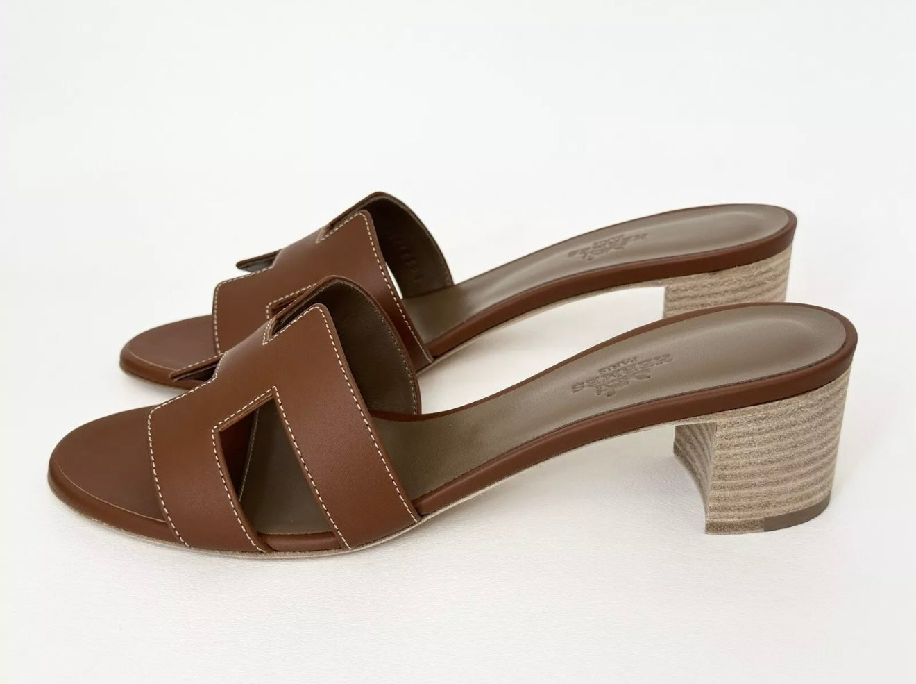 HERMES H OASIS SANDALS IN GOLD BROWN LEATHER SHOES MULES SLIDES HEELS