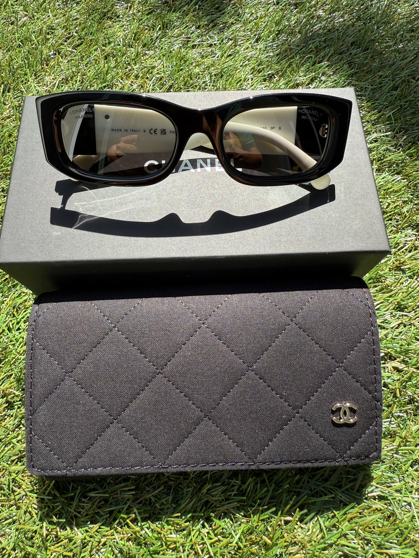 Chanel Polarized Rectangle Sunglasses Black White CC Logo CH5525 Acetate 52mm