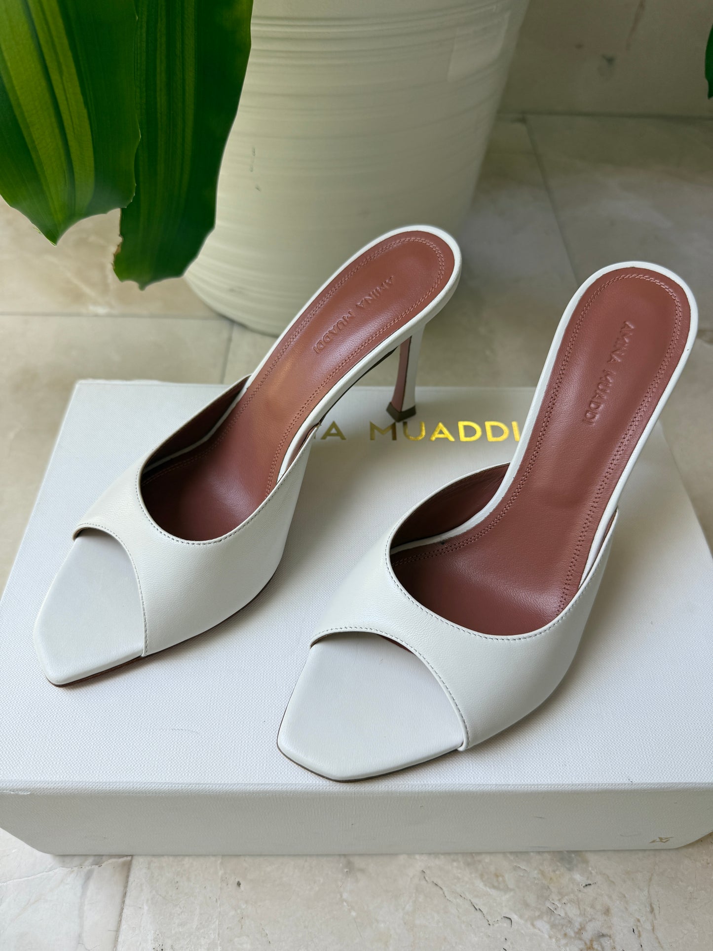Amina Muaddi Alexa Slipper Peep Toe Slide White Leather Shoes Heels 90mm