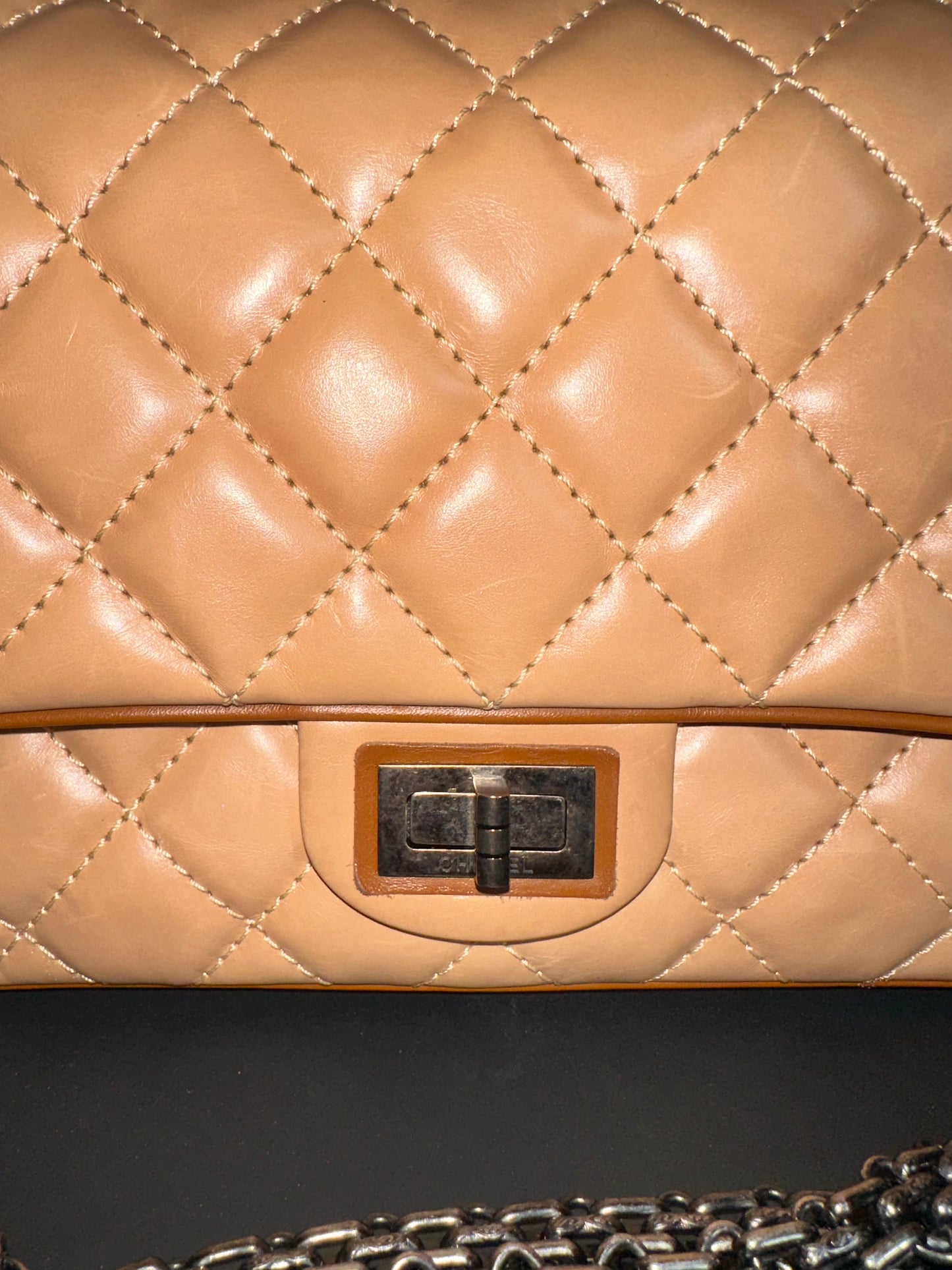 Chanel Reissue 226 Medium Double Flap Beige Two Tone Lambskin Quilted Handbag Bag Pre-Owned