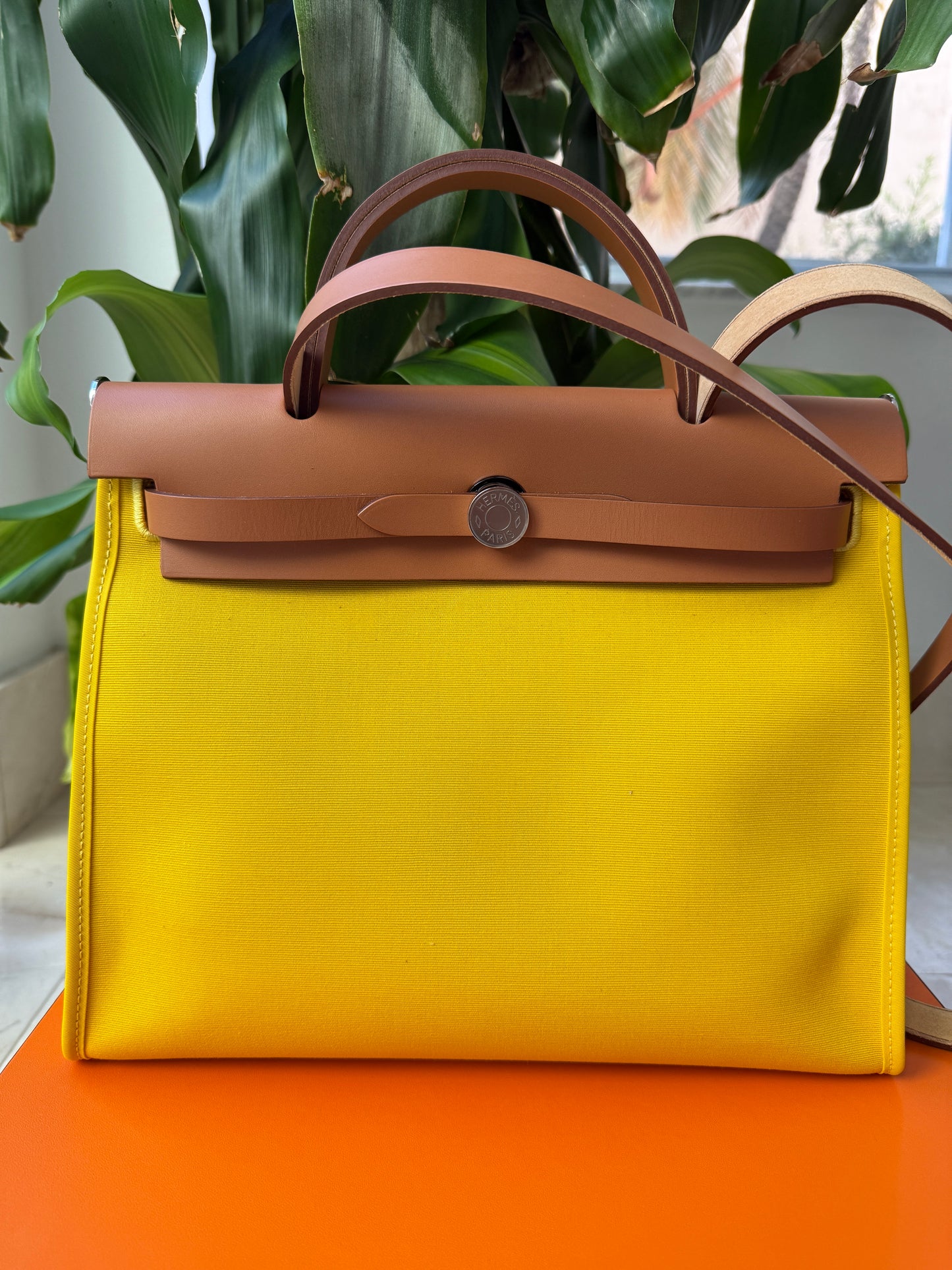 Hermès HERBAG 31 YELLOW JAUNE DE NAPLES CANVAS NATUREL LEATHER BAG Palladium HW