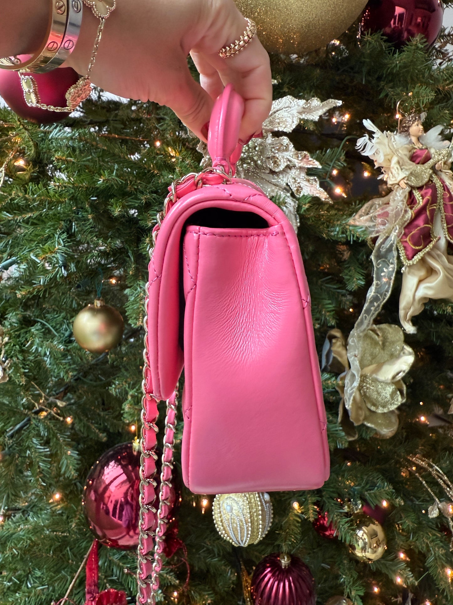 CHANEL 2024C PINK LEATHER MINI RECTANGULAR CROSSBODY TOP HANDLE BAG GOLD HW