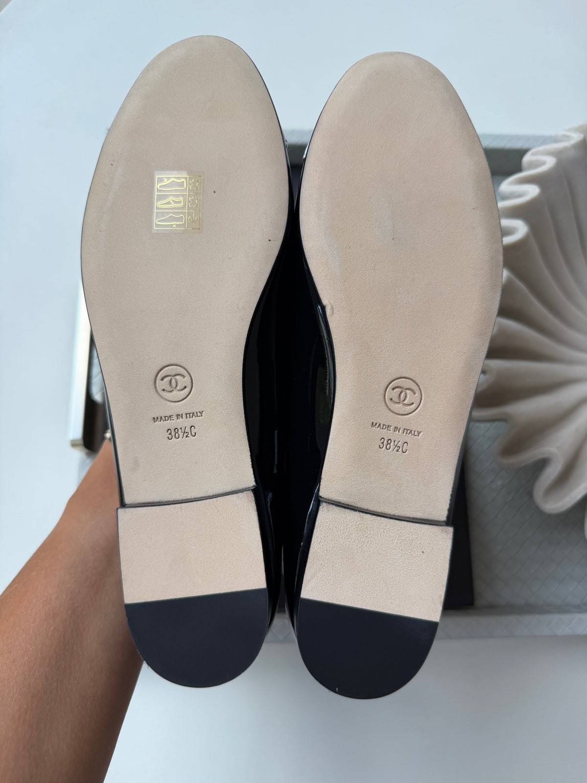 Chanel 26 Black Patent Leather White Cap Toe CC Logo Flat Ballet Ballerina Flats