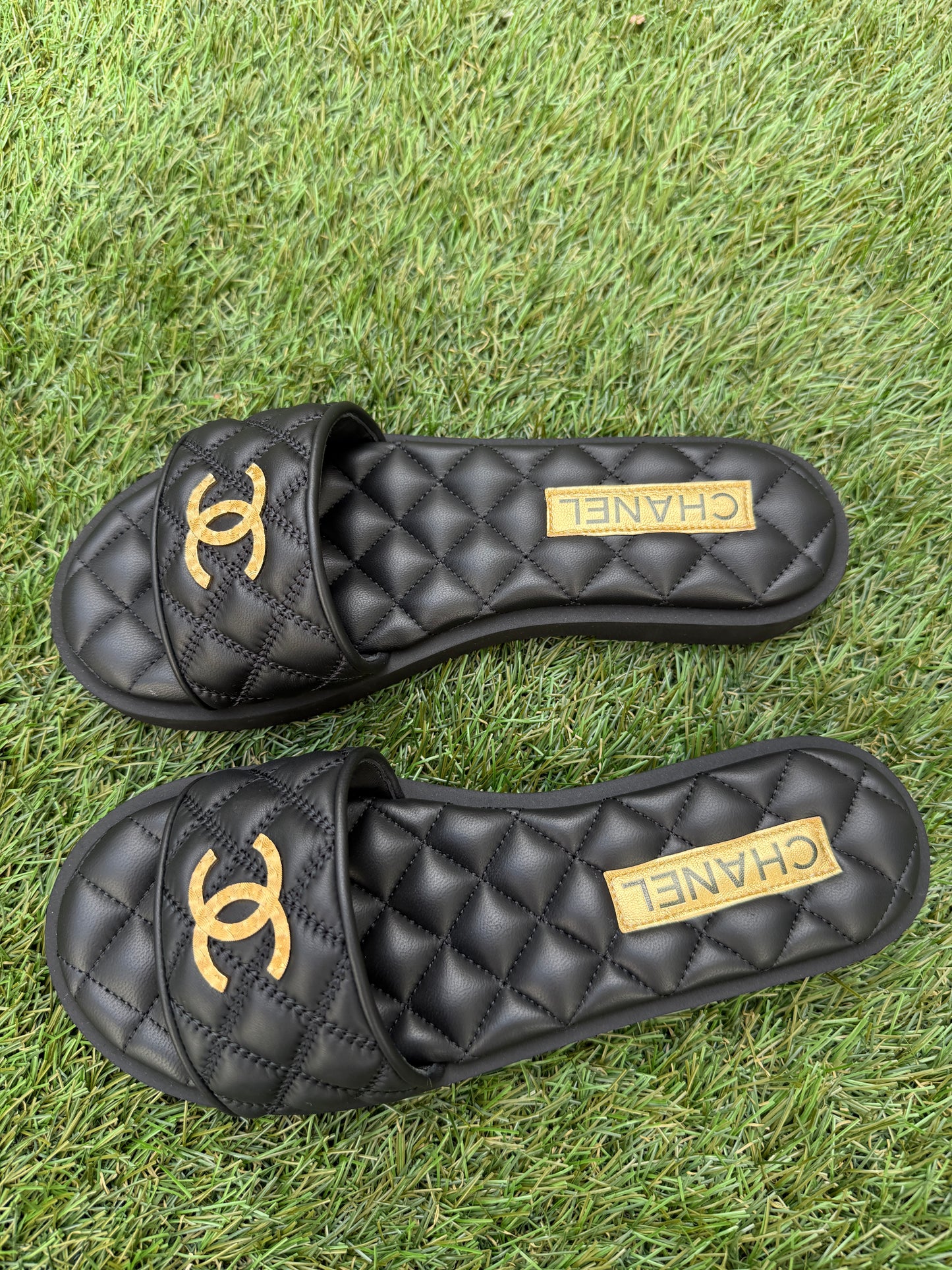Chanel SS25 Black Leather Quilted CC Gold Tone Logo Sandals Slides Mules