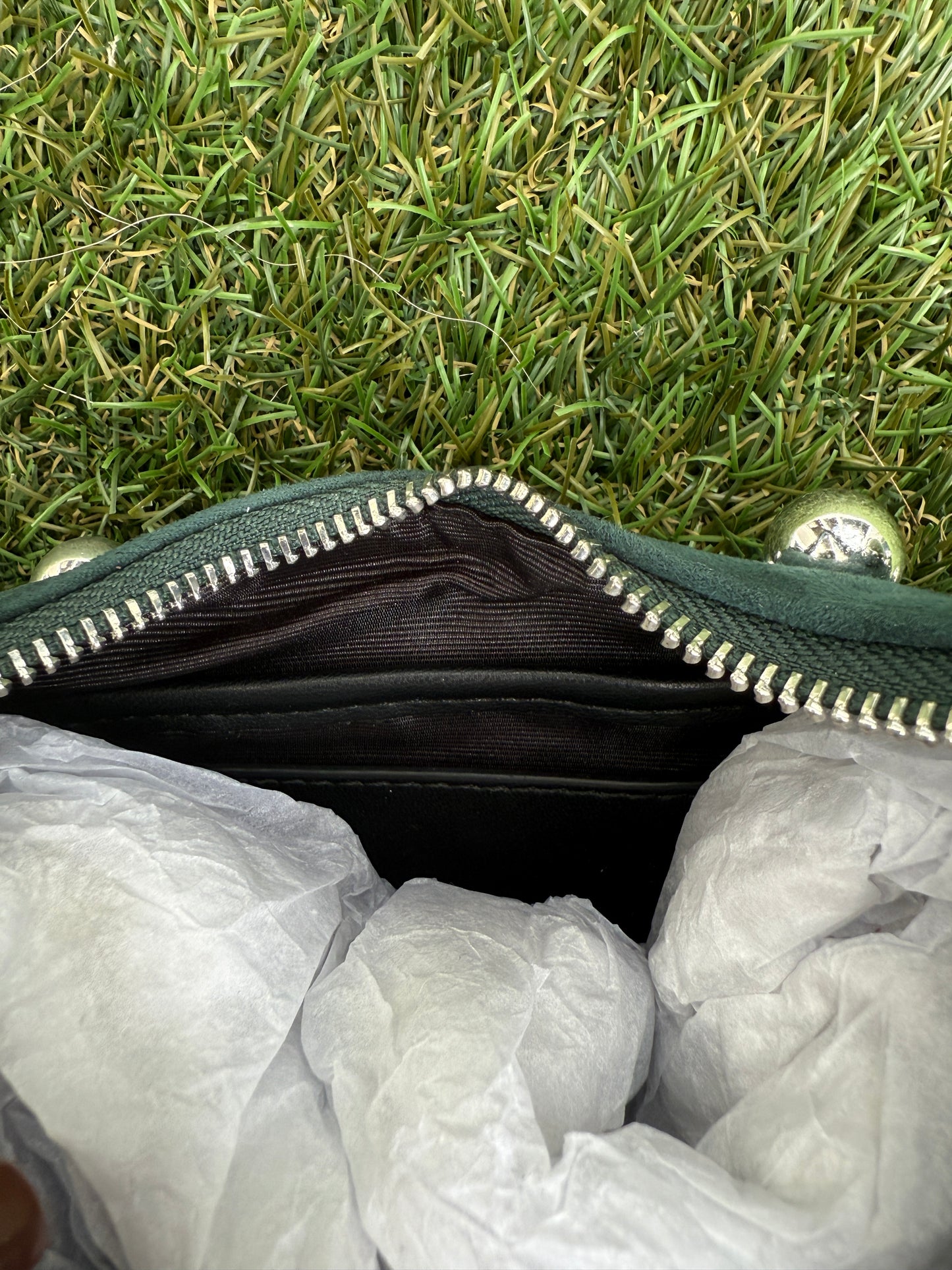 Vince Camuto Aleck Silver Studded Shoulder Bag In Malachite Green Faux Suede Handbag Clutch