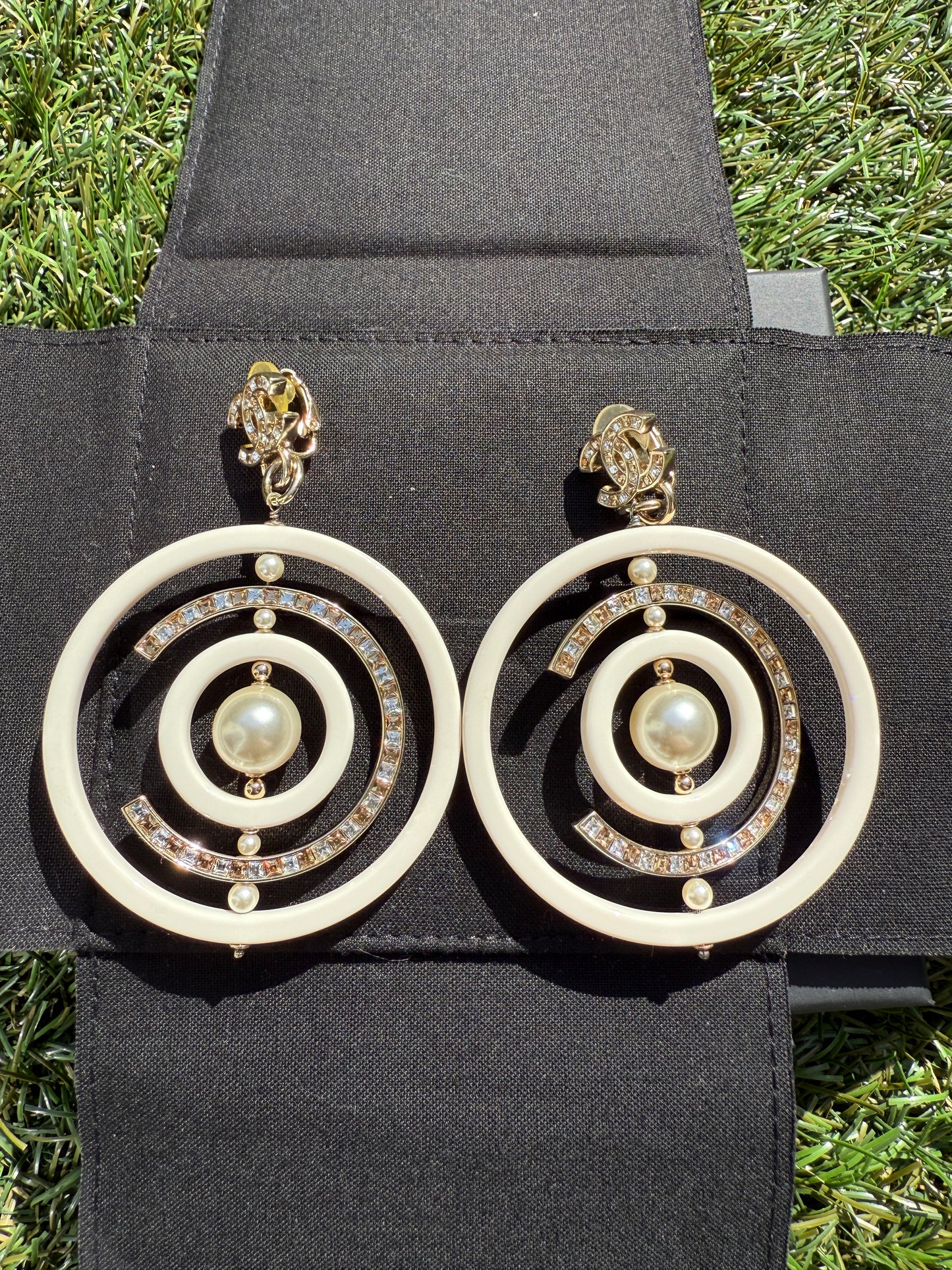 Chanel 18B Ivory White Resin Plastic Disco CC Logo Crystal Gold Tone Pearls Round Clip on Earrings Drop Hoop