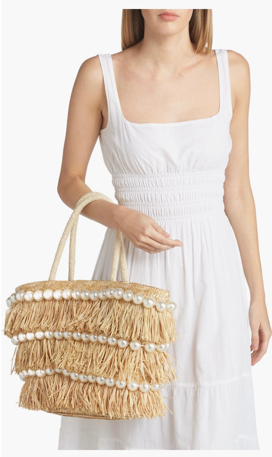 Urban Expressions Shakira Fringe Double Handle Straw Raffia Pearl Embellished Natural Beige Shopper Tote Beach Bag Handbag