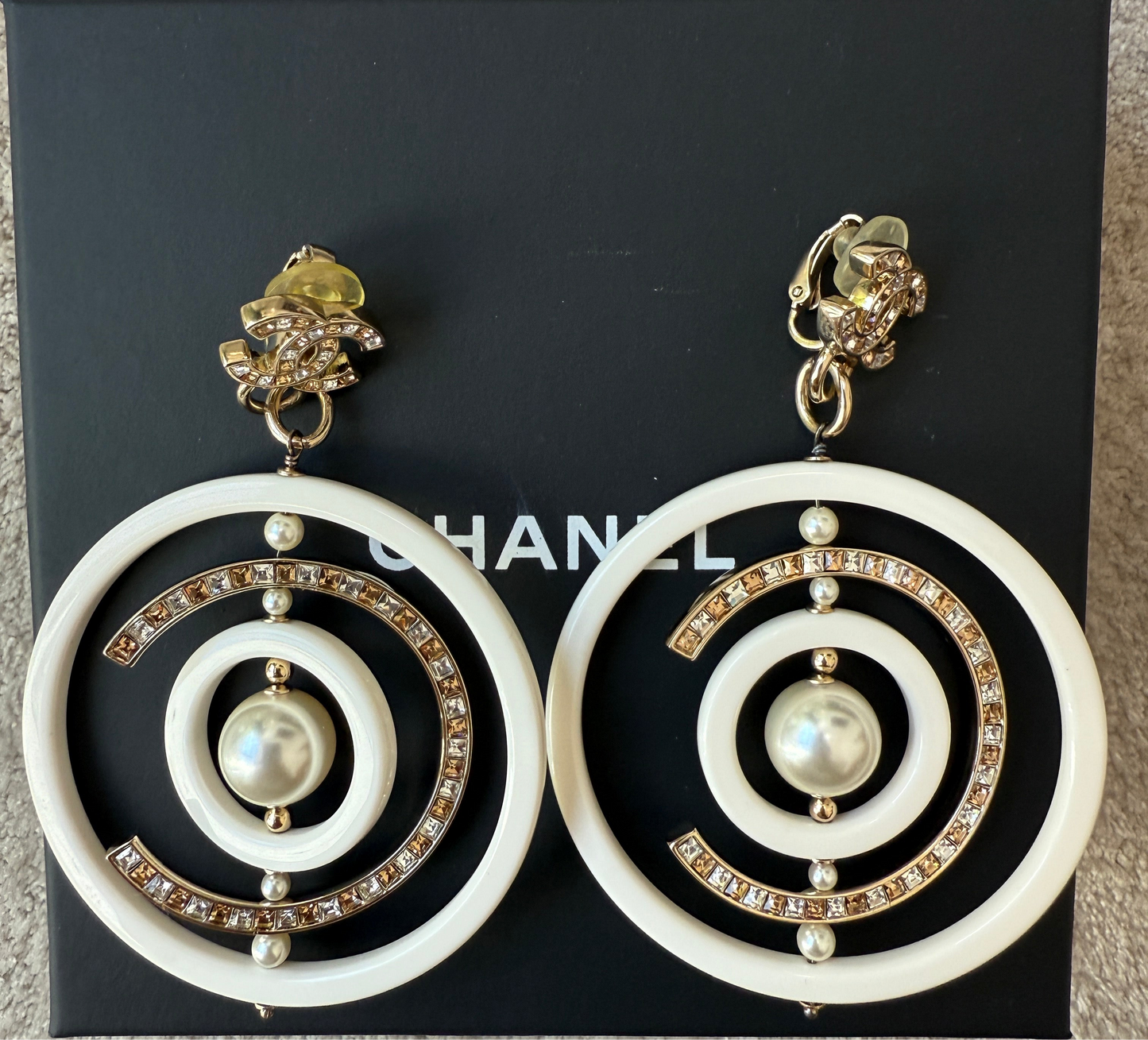 Chanel 18B Ivory White Resin Plastic Disco CC Logo Crystal Gold Tone Pearls Round Clip on Earrings Drop Hoop