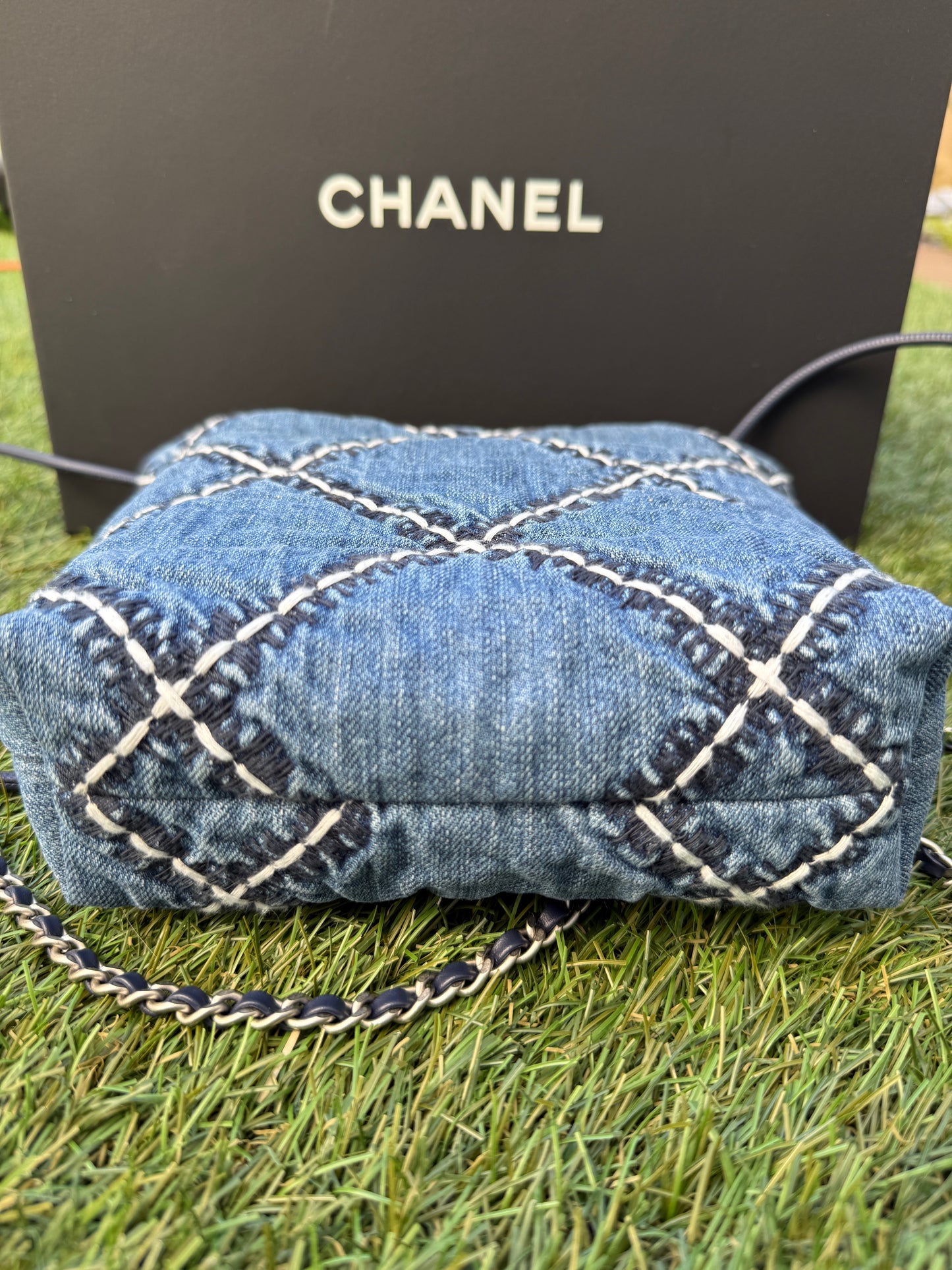 Chanel 22 Mini Denim Blue Quilted Jean Stitched Crossbody Hobo Bag Handbag 24P