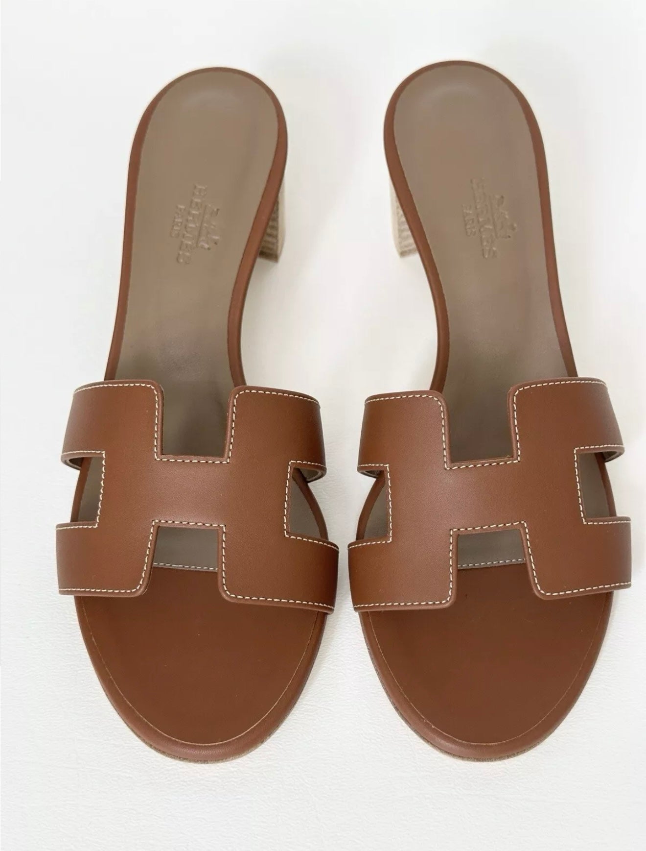 HERMES H OASIS SANDALS IN GOLD BROWN LEATHER SHOES MULES SLIDES HEELS
