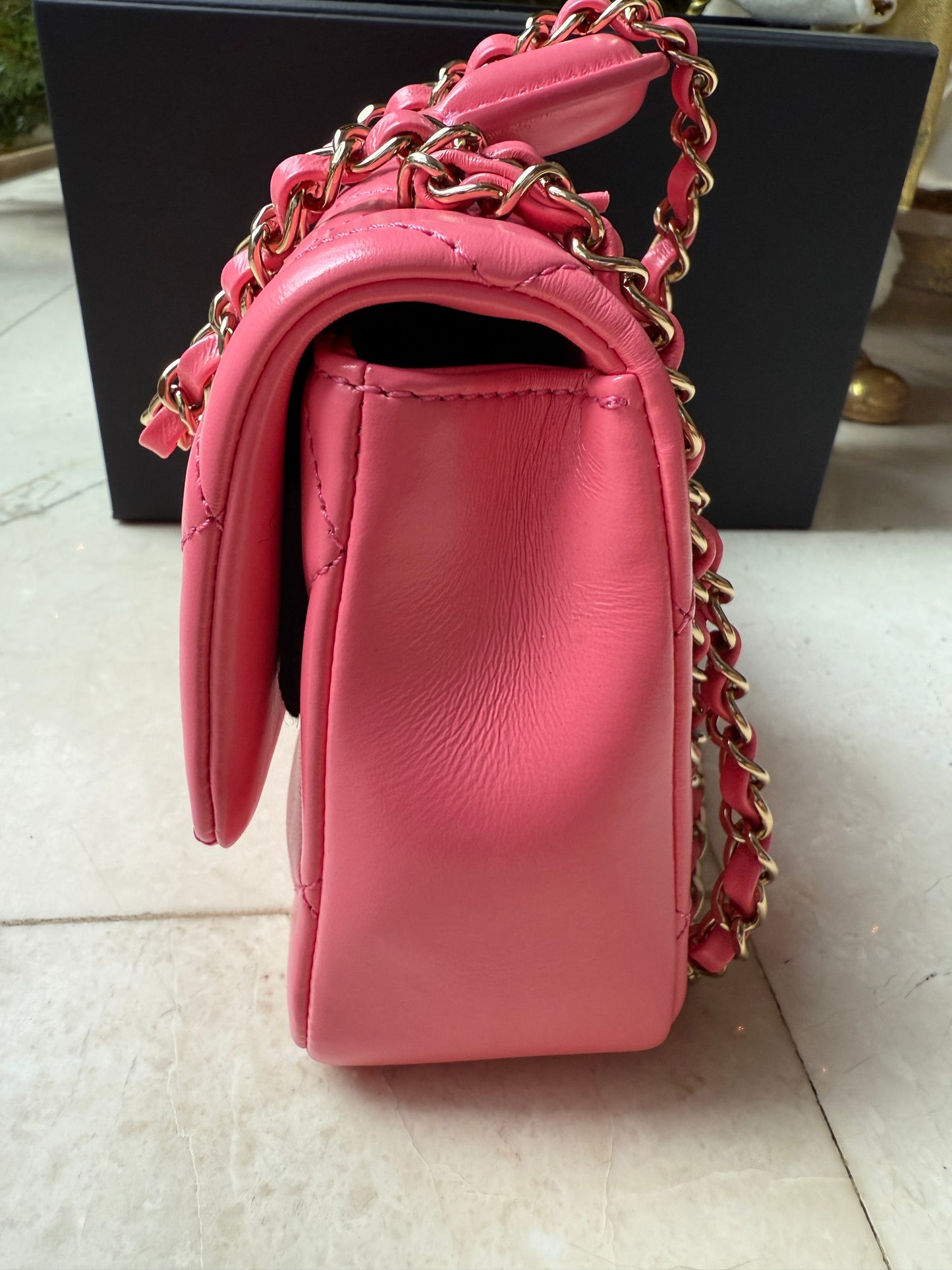 CHANEL 2024C PINK LEATHER MINI RECTANGULAR CROSSBODY TOP HANDLE BAG GOLD HW