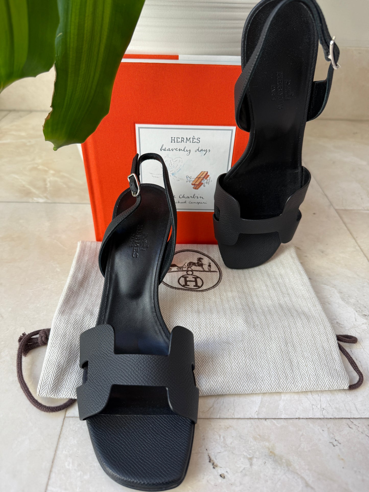 HERMES ETERNITE 80 SANDALS BLACK NOIR EPSOM HIGH HEELS SLINGBACK SHOES