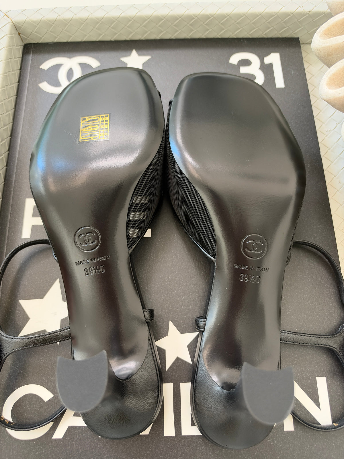 CHANEL 26 BLAZY BLACK MESH LAMBSKIN OPEN TOE CC LOGO SANDALS HEELS SHOES