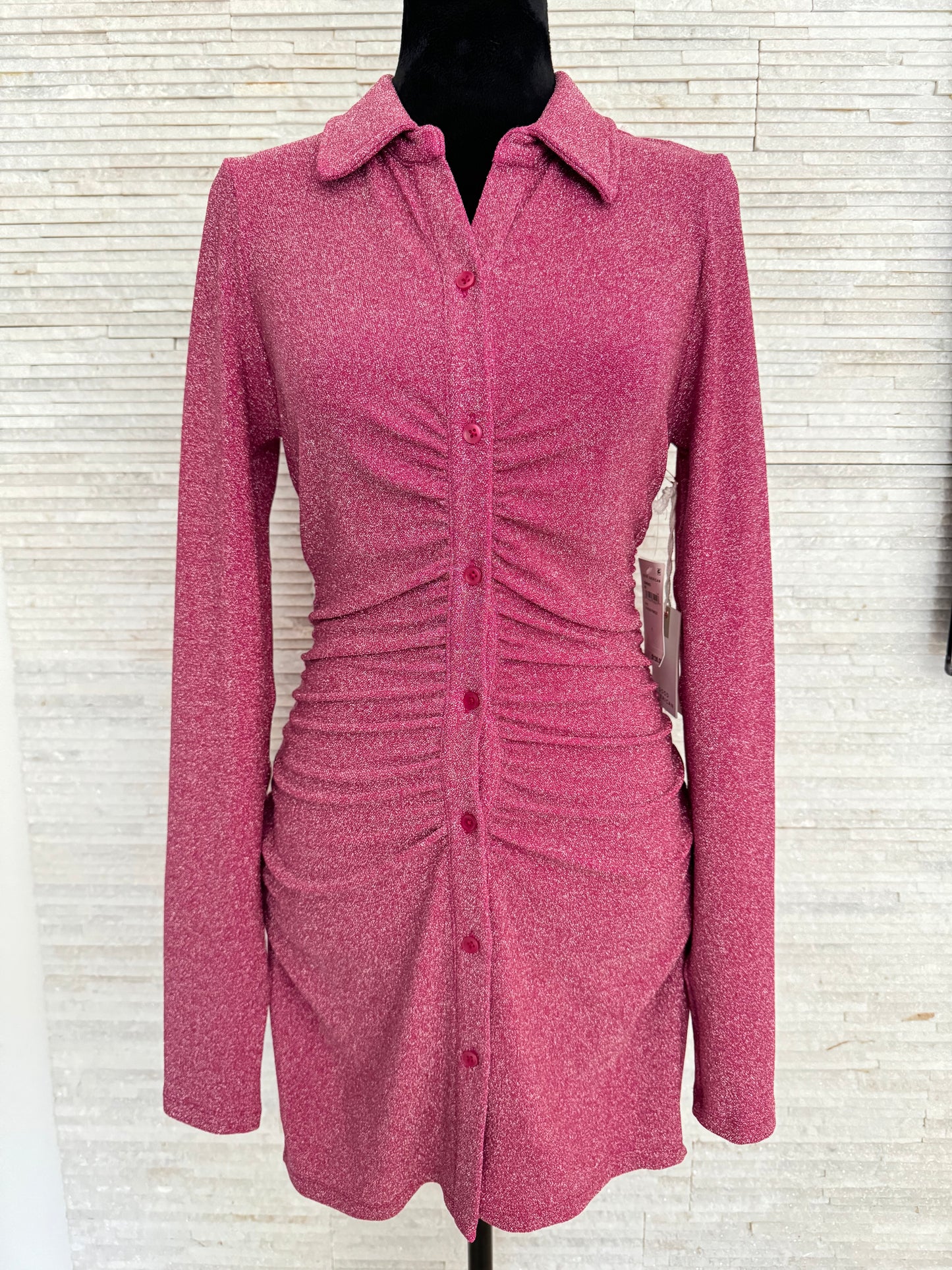 Good American Sparkly Sparkle Metallic Ruched Long Sleeve Mini Dress