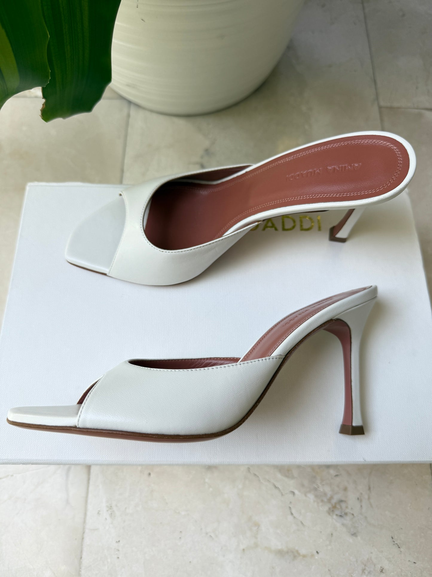Amina Muaddi Alexa Slipper Peep Toe Slide White Leather Shoes Heels 90mm