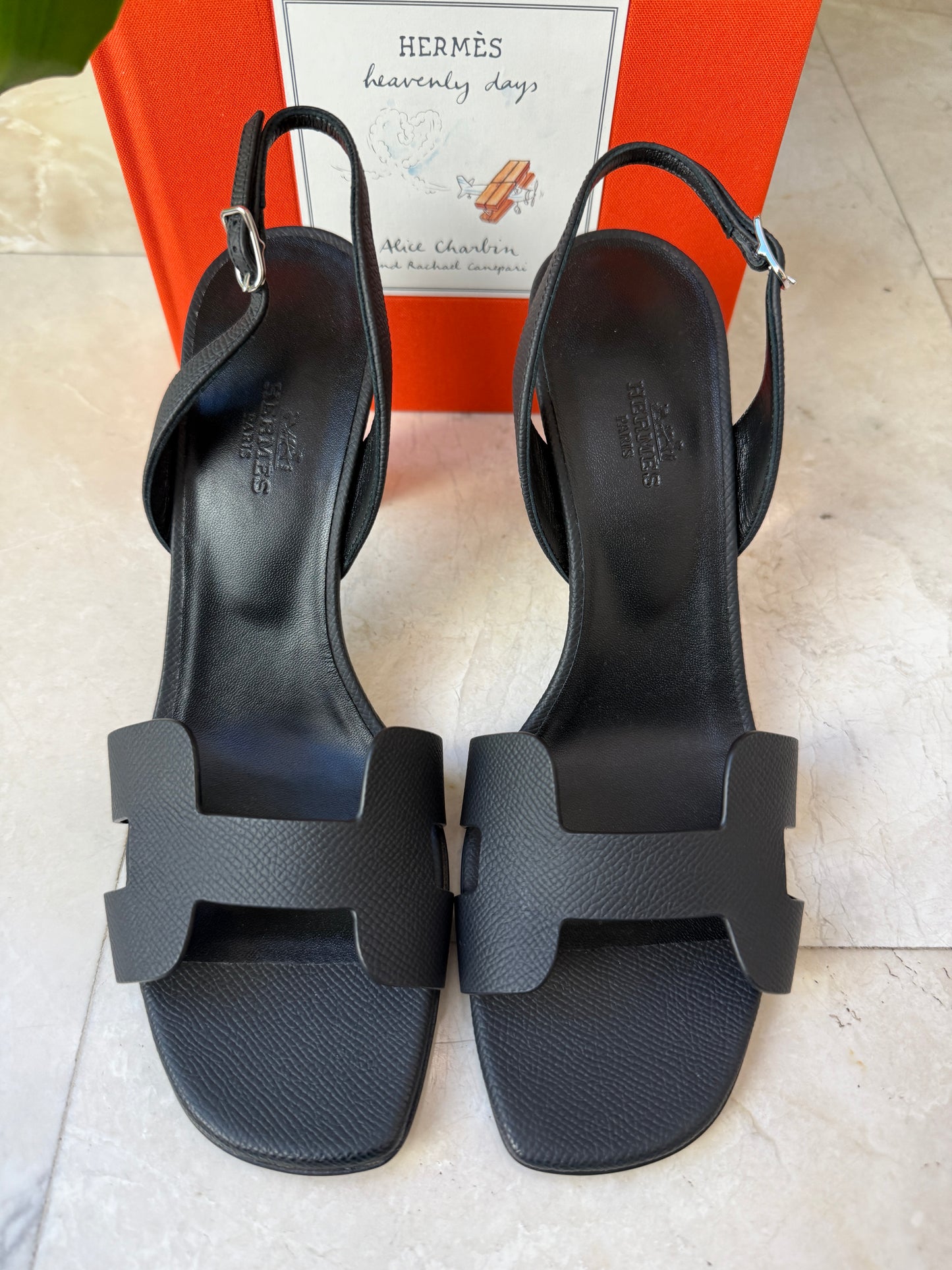 HERMES ETERNITE 80 SANDALS BLACK NOIR EPSOM HIGH HEELS SLINGBACK SHOES