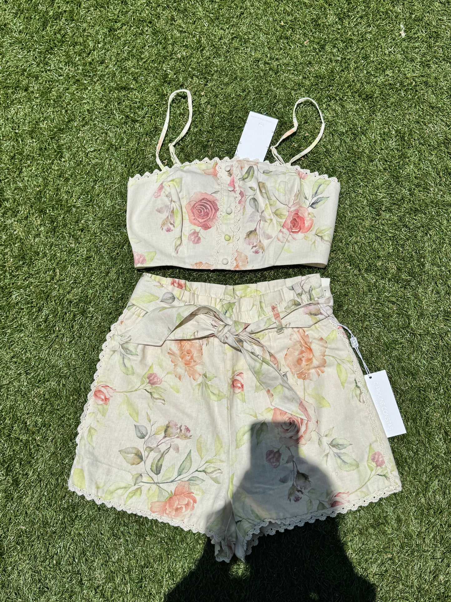 Caroline Constas Floral Linen Crochet Belted Summer 2 Piece Suite Shorts Top
